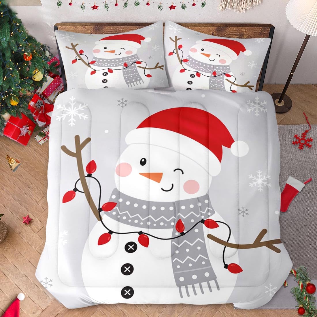 WeCozy Full Size Comforter Set with 2 Pillowcases, Christmas Gray Cute Santa Snowman Soft 3 Pcs Bedding for Kids and Adults Bedroom Bed Decor