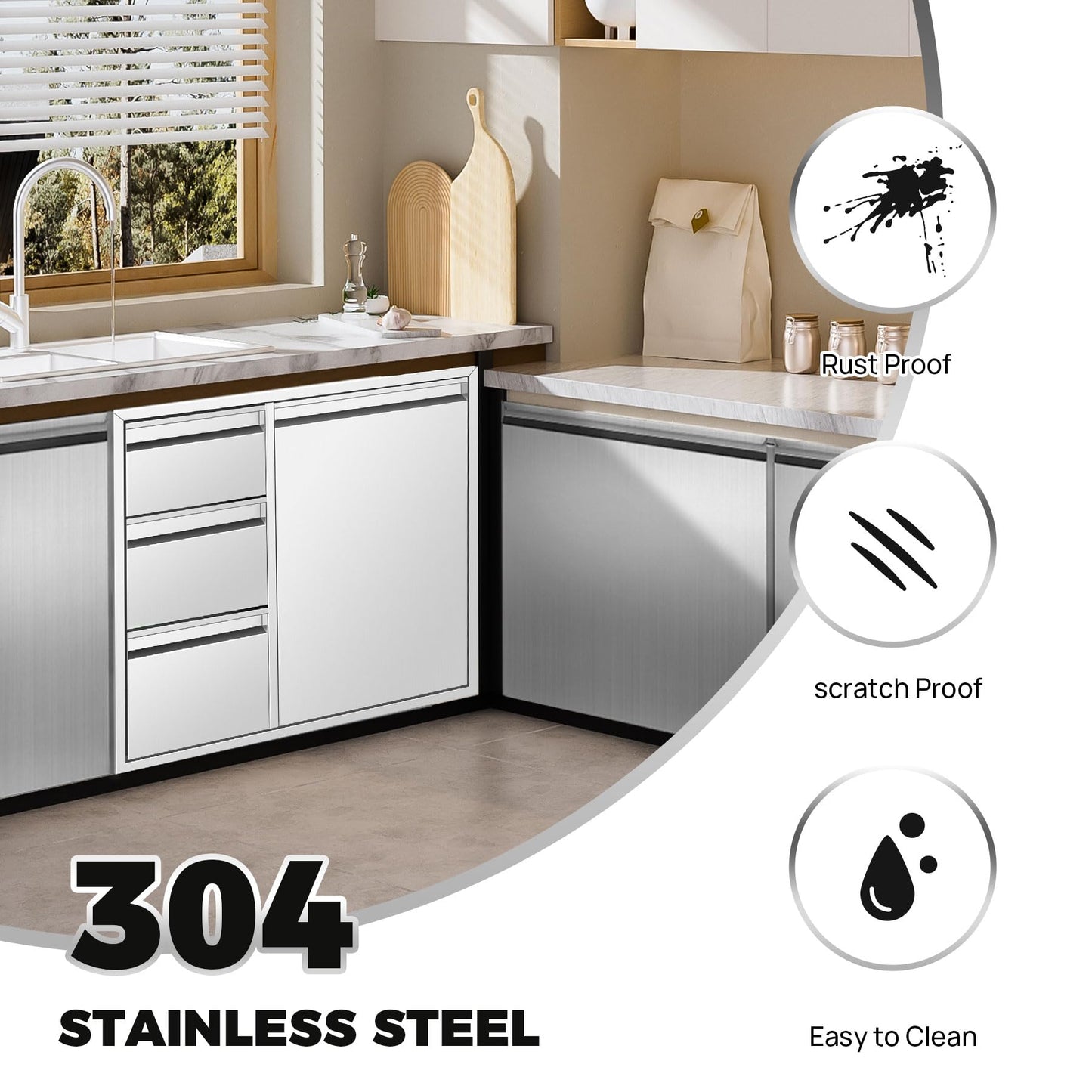 POPMOON Outdoor Kitchen Drawer Combo with Triple Drawers & Trash Bin Compartment | Includes 2X 20L Trash Cans | Outdoor Kitchen Access Drawers for Grill Station, 28" W x 22" H x 19" D