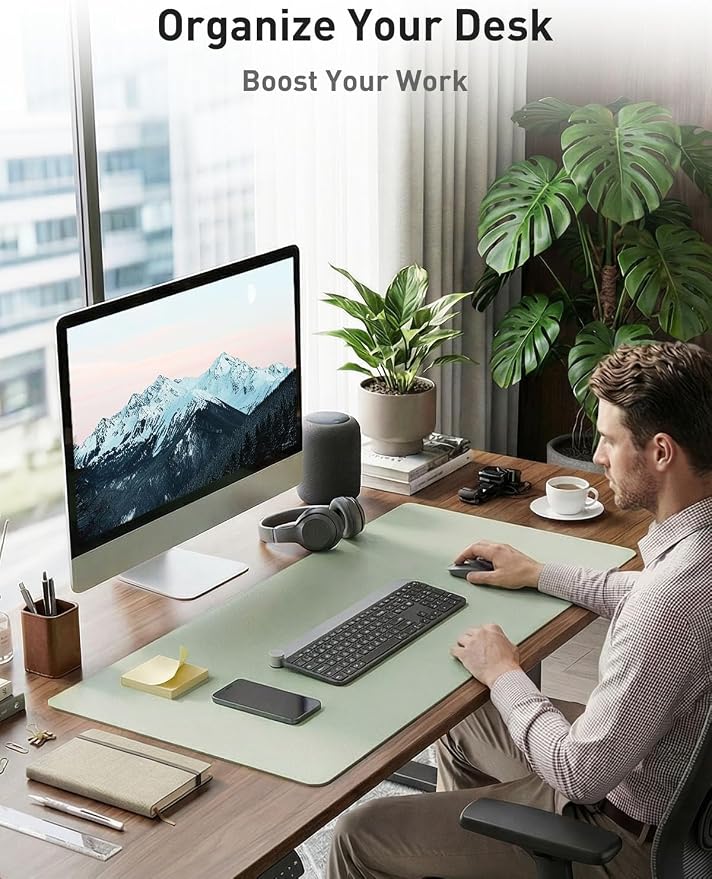 Aothia Faux Leather Desk Mat - Non-Slip PU Leather Desk Blotter, Waterproof Writing Surface, Large Desk Pad for Office & Home (Aqua, 55" x 17")