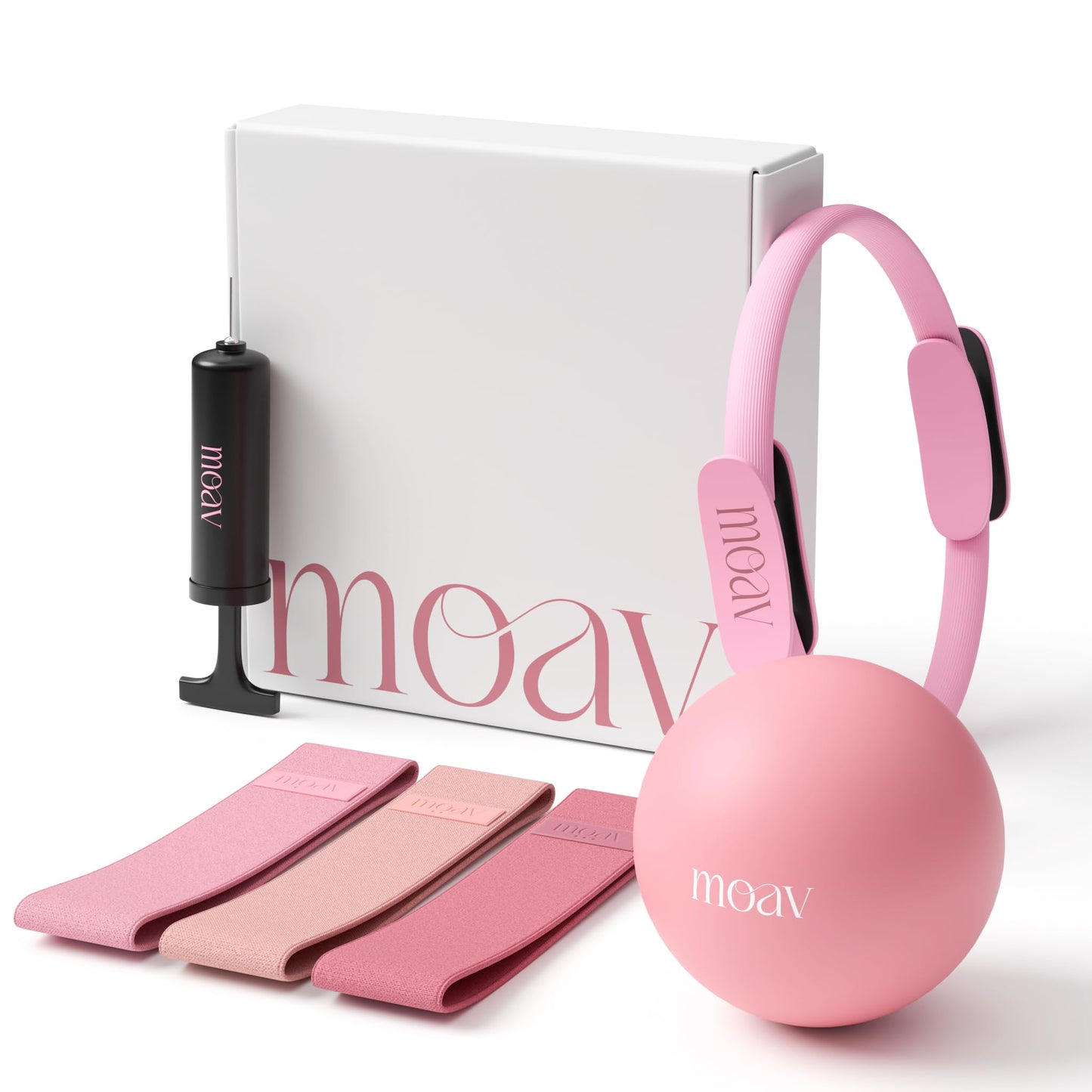 MOAV Premium Pilates Essentials Kit - 14" Ring with Cushioned Handles, Mini Ball with Pump, & 3 Durable Fabric Resistance Bands for Full Body Home Workouts (Rosè)