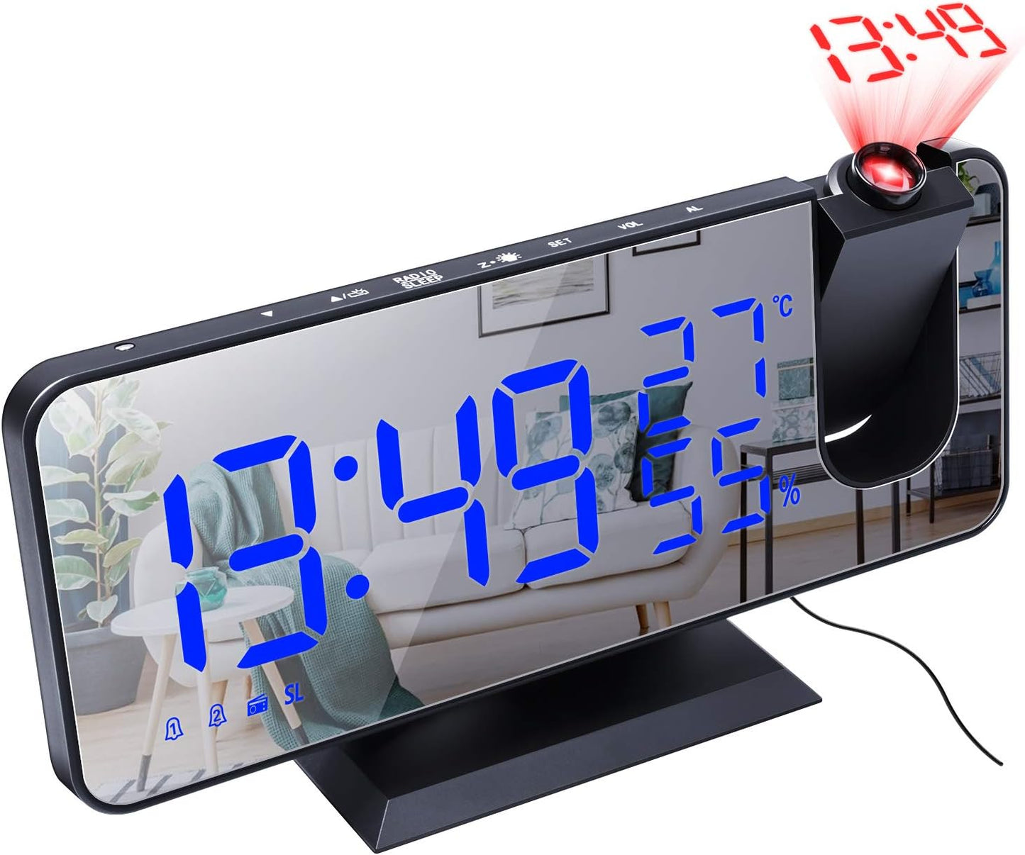 4 Dimmer 180 2 7.4'' ThreeH Projection Alarm Clock Radio Digital Alarm Clock & Rotable & Sounds Large Mirror Display