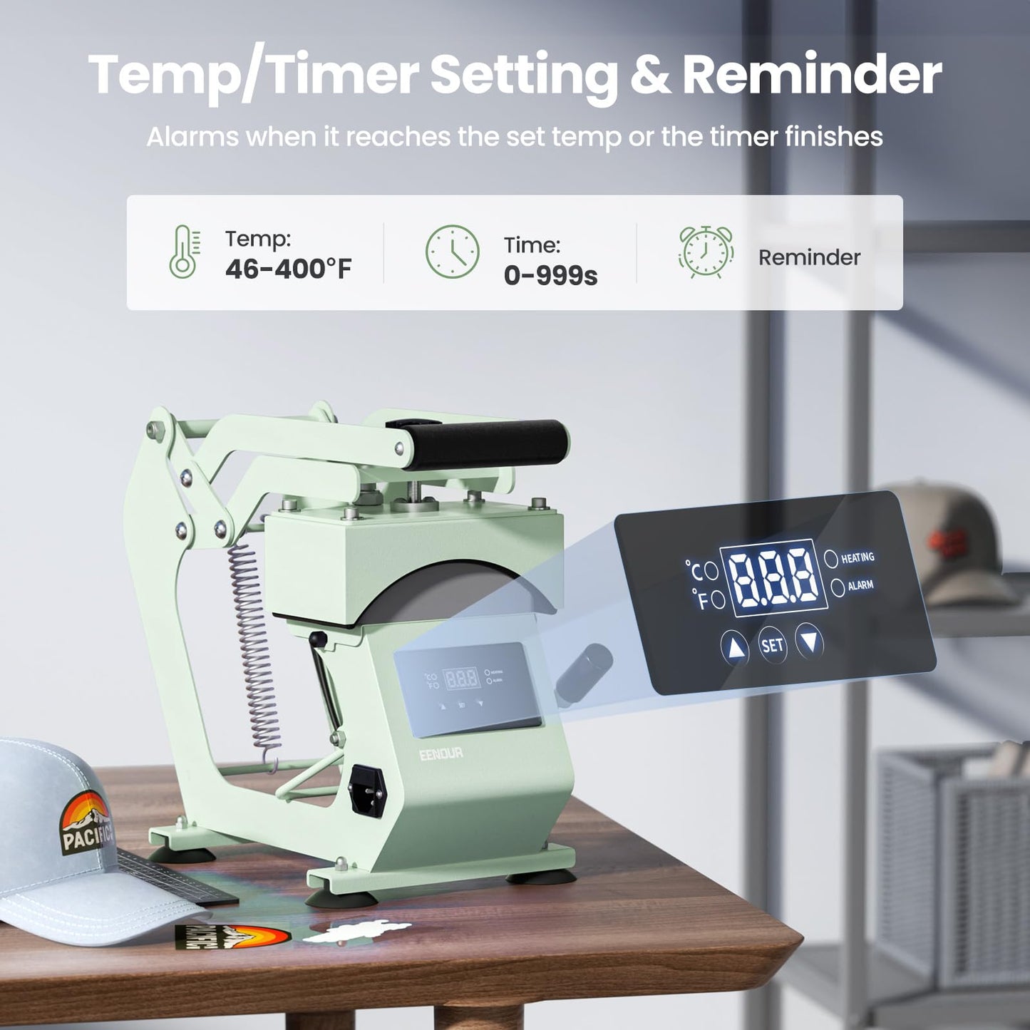 Hat Press Heat Machine for Caps with 2 Platens, Precise Temp&Timer Control, Hat Heat Press with Timer Auto Starter, Sublimation Hat Press for Trucker Hat & Iron on Vinyl, Heat Transfer (Light Green)