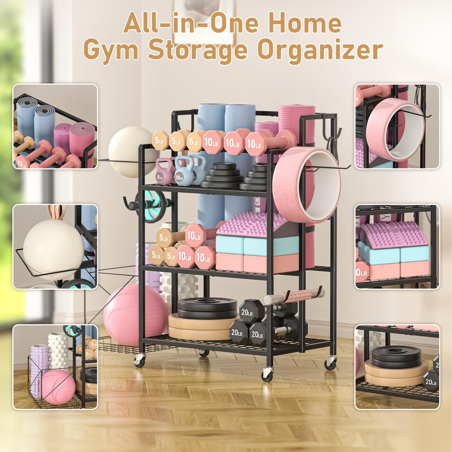 GloCryp Home Gym Storage Rack, Multi-functional Workout Equipment Storage for Dumbbells, Kettlebells & Yoga Mats, Heavy Duty Weight Rack for Home Garage Gym, Rolling Fitness Equipment Organizer with Hook