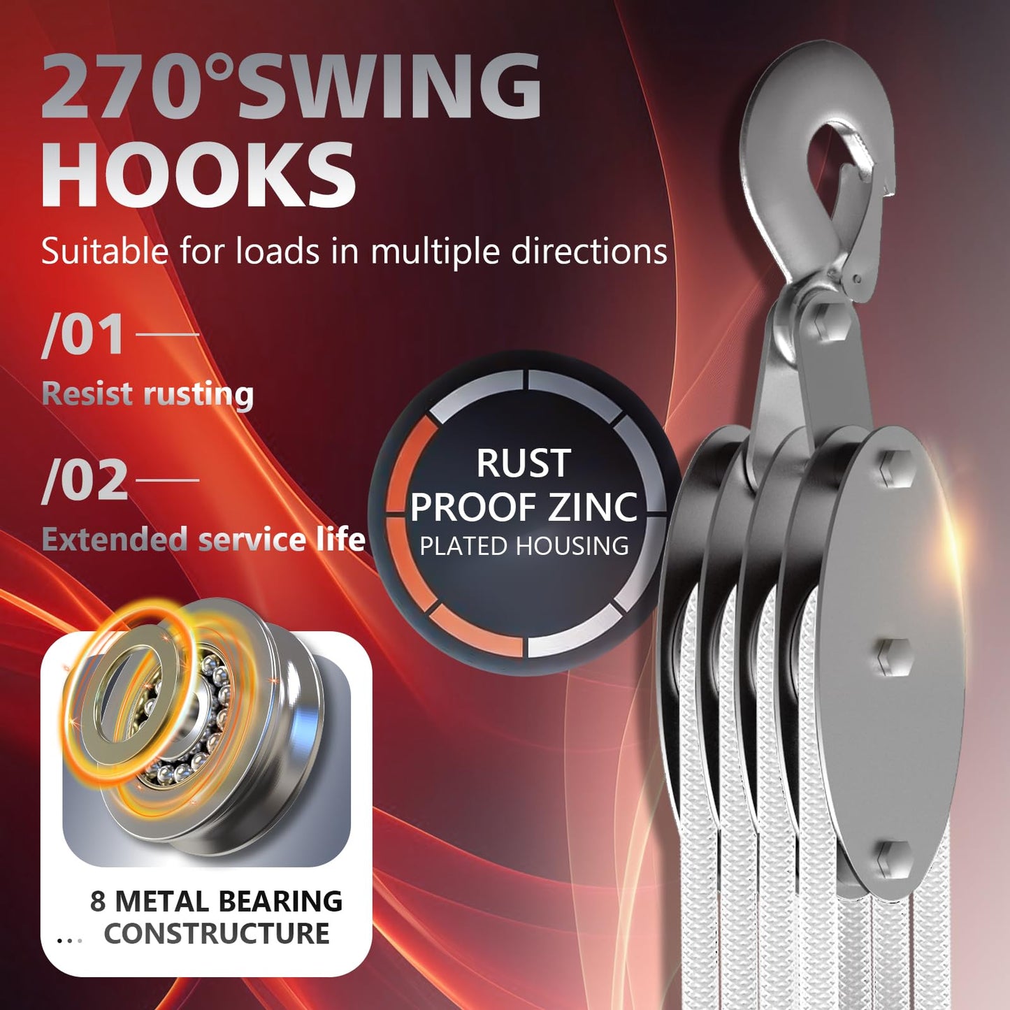 YATOINTO Upgraded Rope Pulley Hoist 4400 LB, 8:1 Pulley Block and Tackle System, Pulley Block 2200LB Loading Capacity, 65ft Heavy Duty Rope Hoist for Hunting Garage Warehouse (with 2PCs Straps)