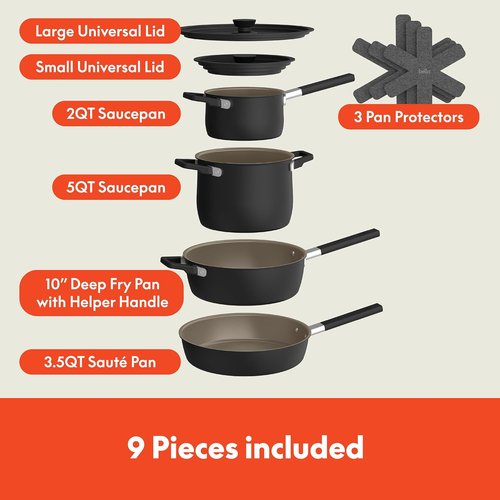 Bella 9-Piece Nonstick Ceramic Cookware Set - Dishwasher & Oven Safe | Stackable Design, Black