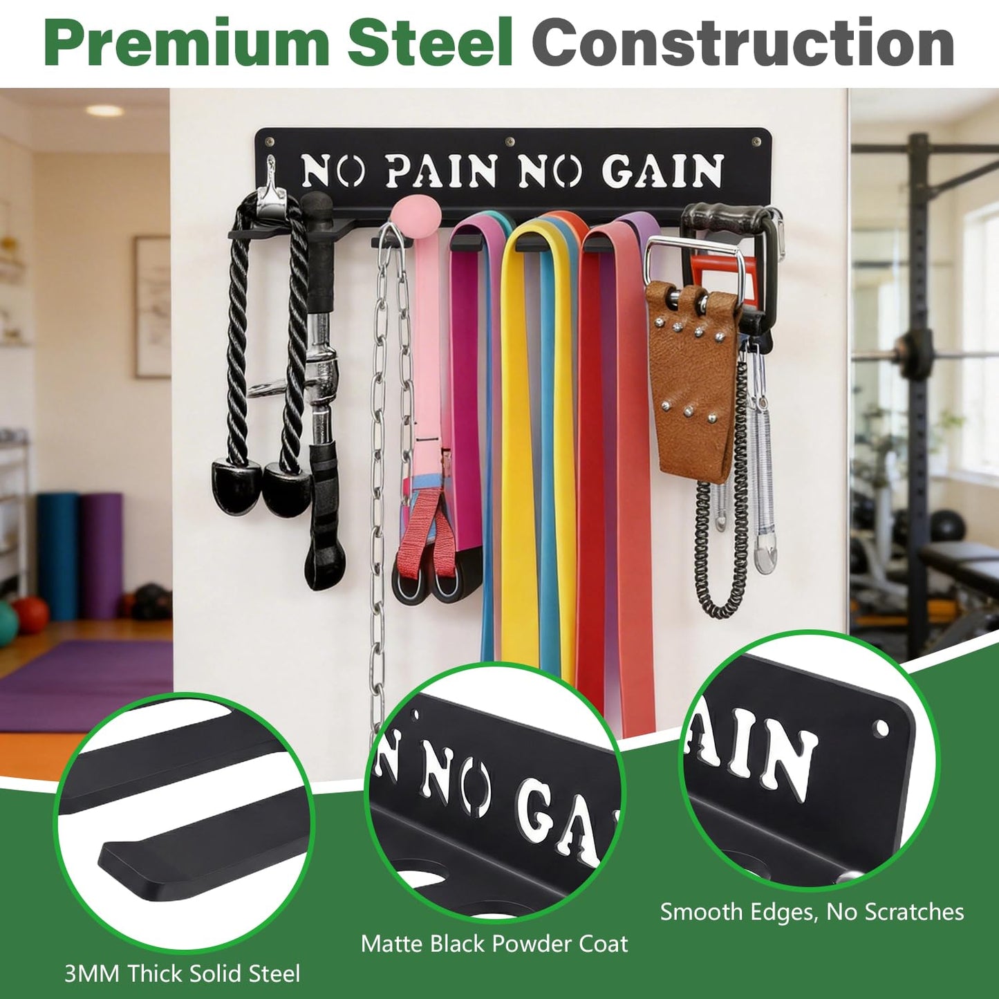 WIPHANY Home Gym Accessories Organization Storage Rack Equipment For Home 8 Hook Wall Hanger Display Gear Barbells Resistance Bands Jump Ropes Lifting Belt Hanger Accessories Hardware Included
