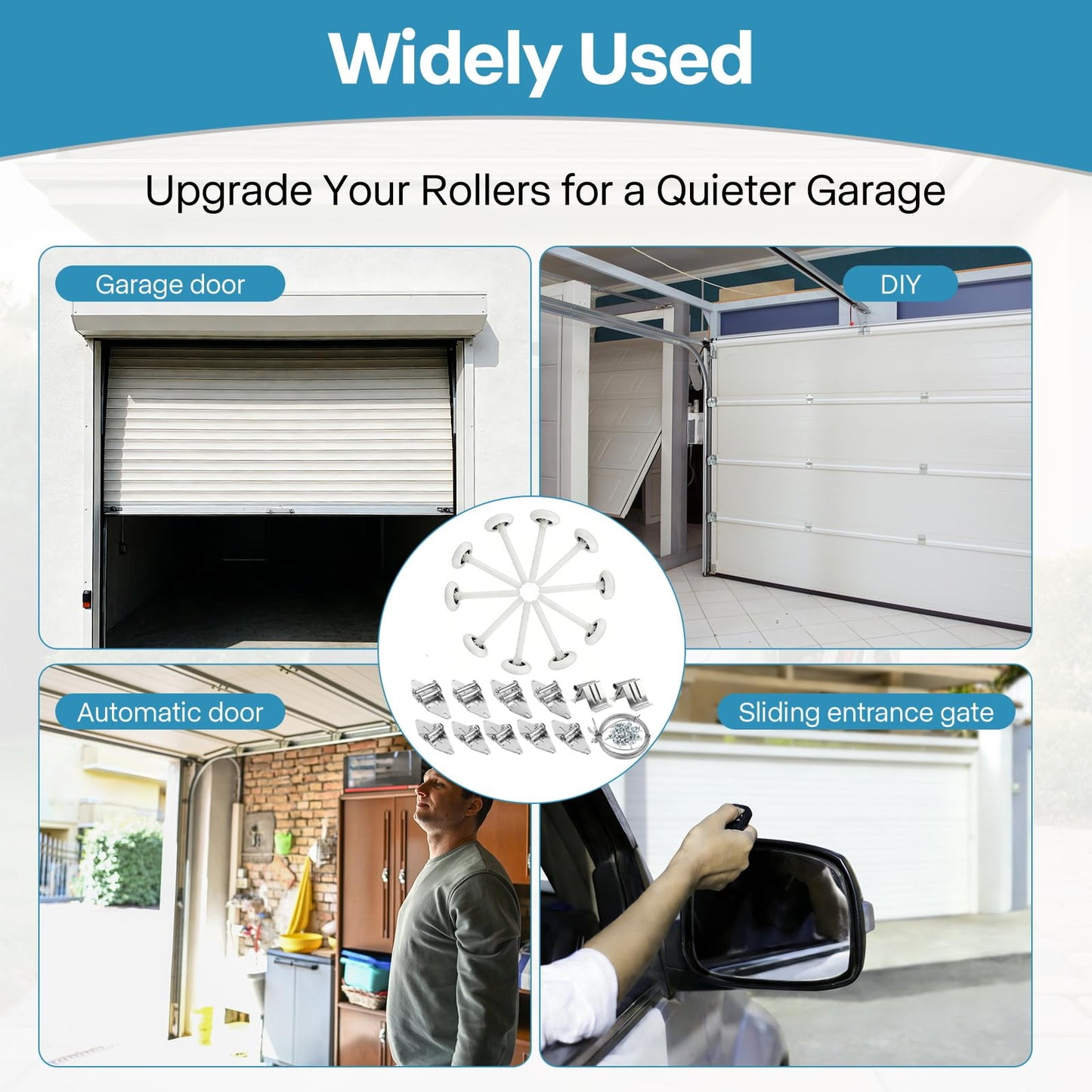 LIMICAR Nylon Garage Door Rollers 10 Pack with Hardware Kit – White 2" Quiet Wheels 4" Stem, 6200-2RS Dual Sealed Bearings, Hinges Brackets Wire Rope, Fits Standard 2" Track
