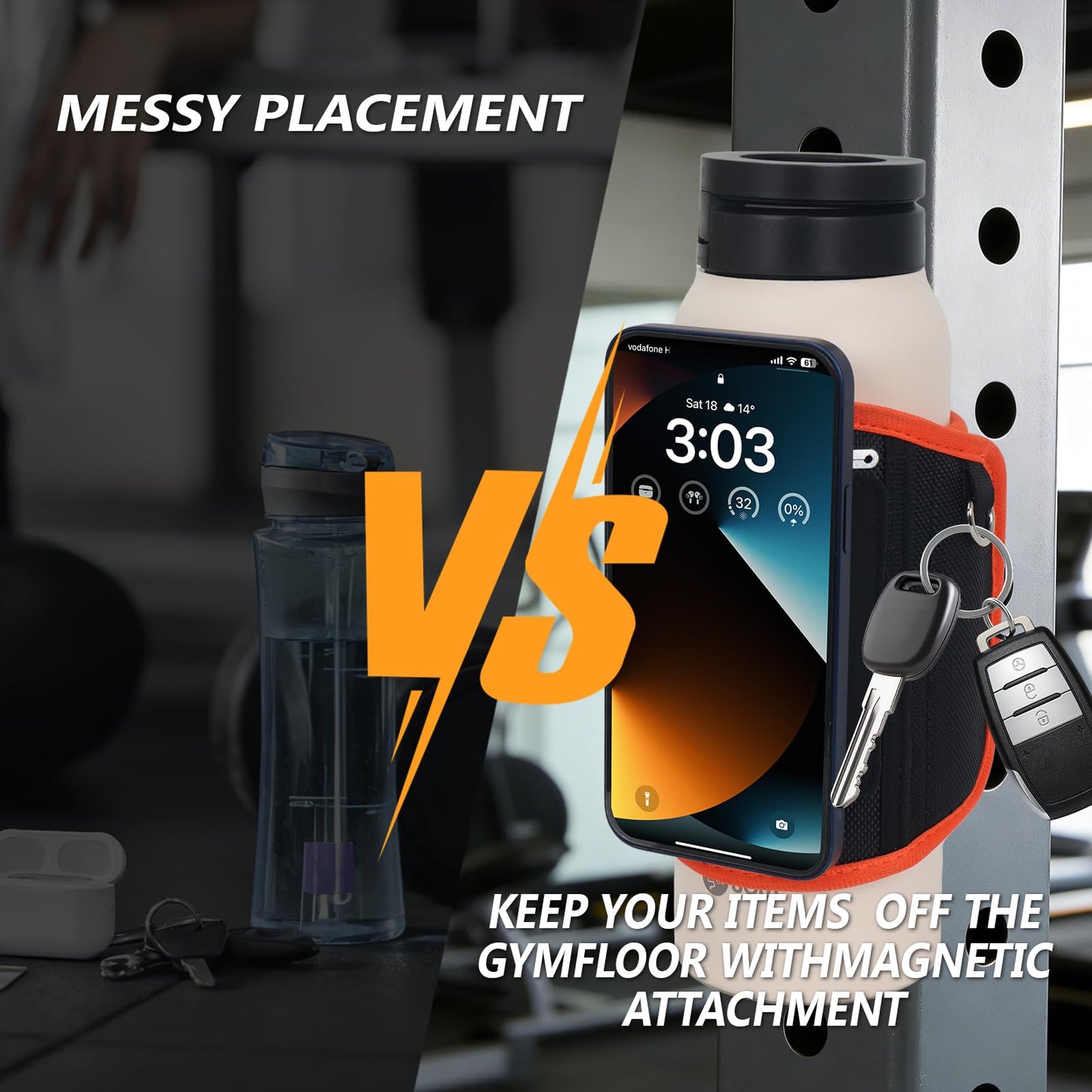Magnetic Gym Water Bottle Bag（Max 32OZ） & Holder with Magnetic Phone Pocket, Keys & Bluetooth Earphone Storage, Gym Accessories Organizer with Card & Cash Pocket