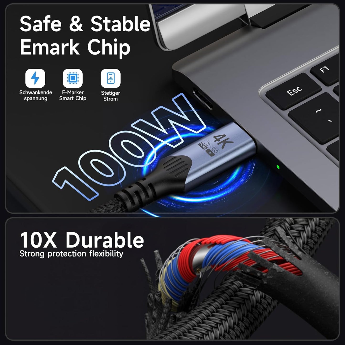 2 Pack 10FT, 100W 20Gbps 3.2 2x2, 4K@60Hz 4/3 Long USB-c Cables Fast Charging, SuperSpeed USB Gen Video, Compatible