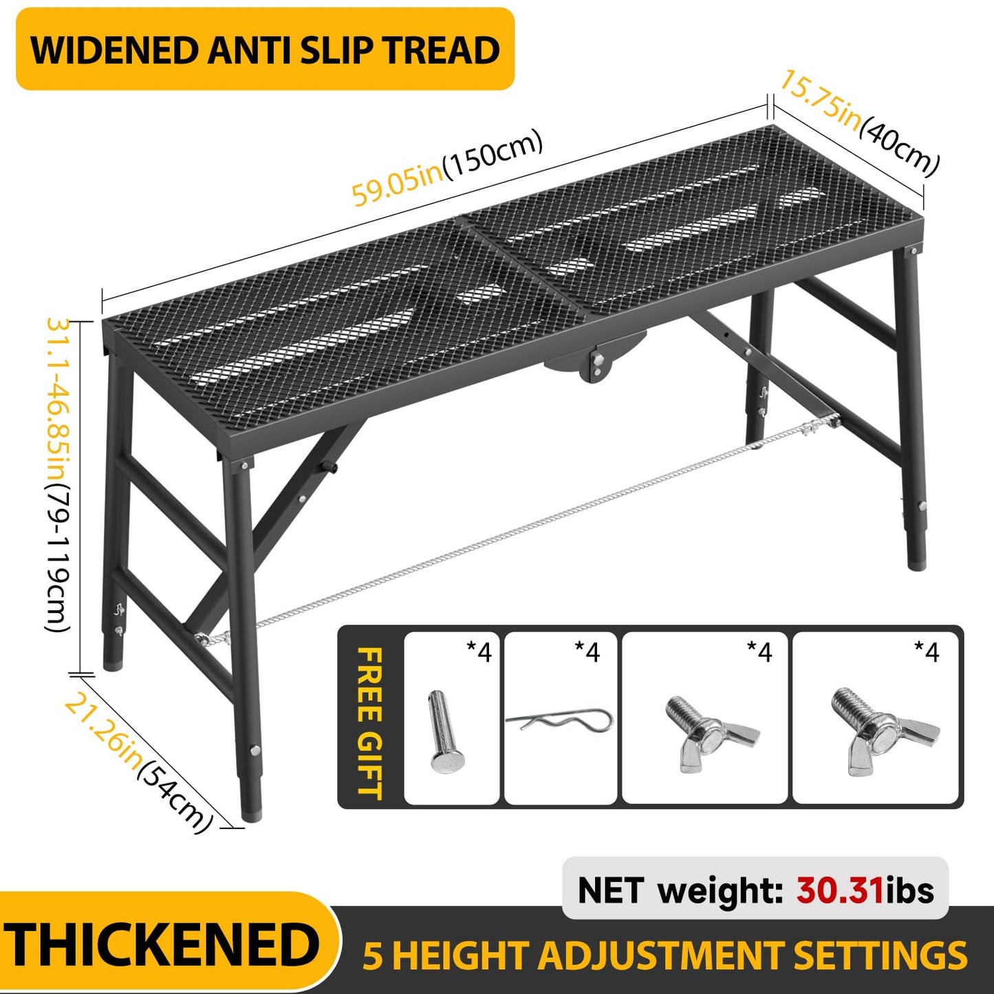Scaffolding Platform 15.75"x59.05" Adjustable Work Platform Support 330 lbs Portable Scaffold 5 Gear Adjust Height 31 to 46 inches Folding Ladder Step Stool Non Slip