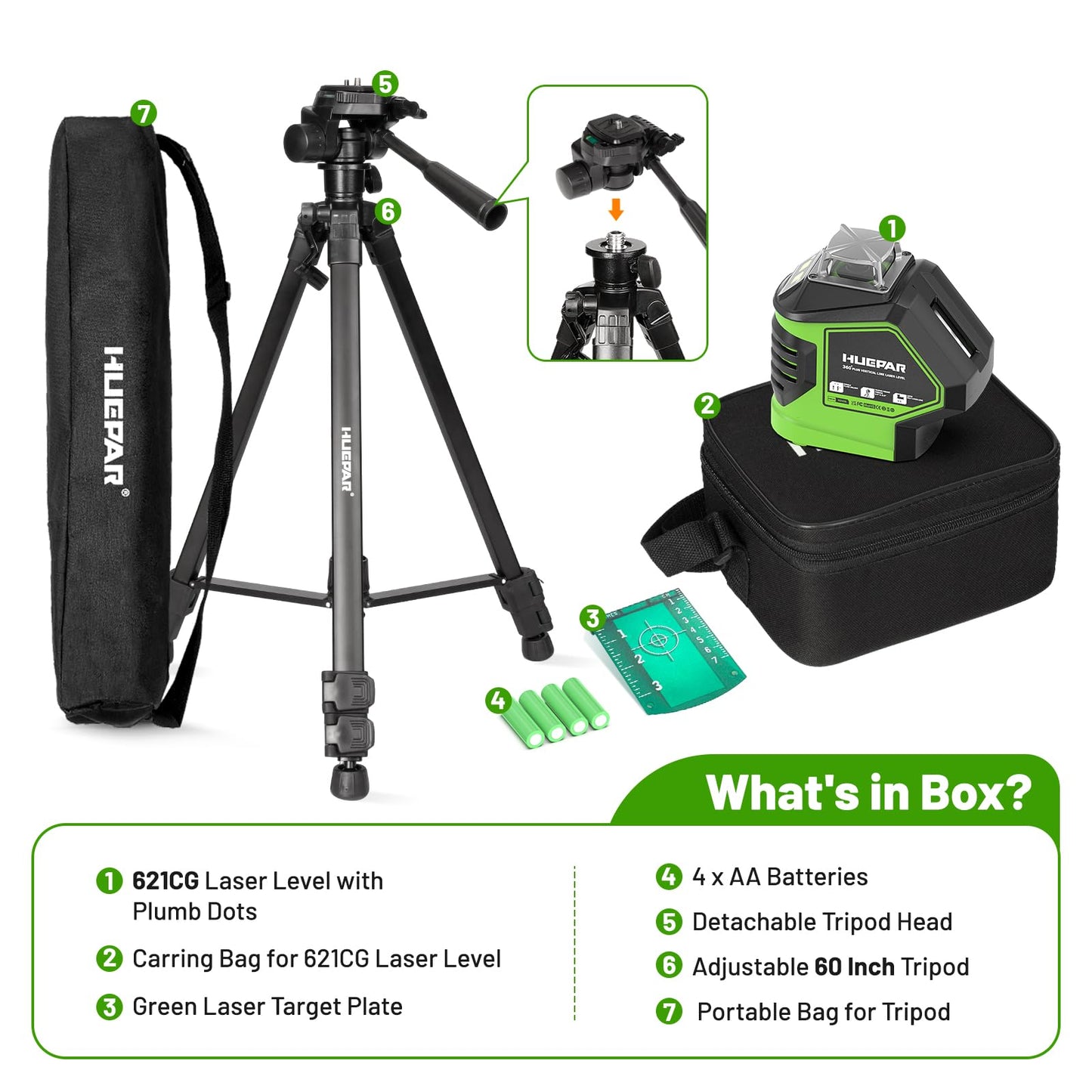 Laser Level with Tripod 60 Inch, Huepar Self Leveling Laser Level with 2 Plumb Dots -Green Cross Line Laser Leveler Tool with 360° Horizontal and 140° Vertical Line for Construction & Home Use 621CGT