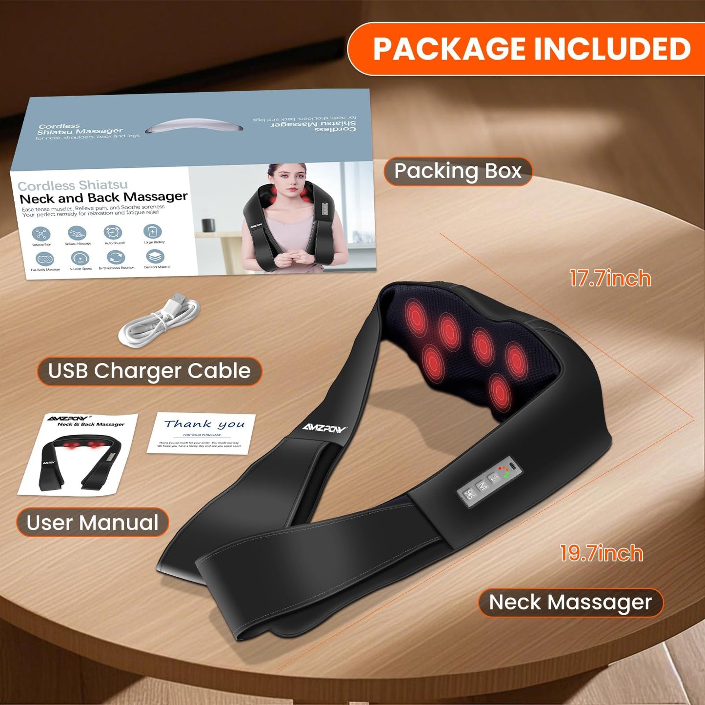 AMZPONY® Cordless Neck Massager for Pain Relief Deep Tissue, Rechargeable Shiatsu Neck and Back Massager with Heat Kneading Shoulder Massage for Body Muscle Pain Relief,Gifts for Mom Dad Friends