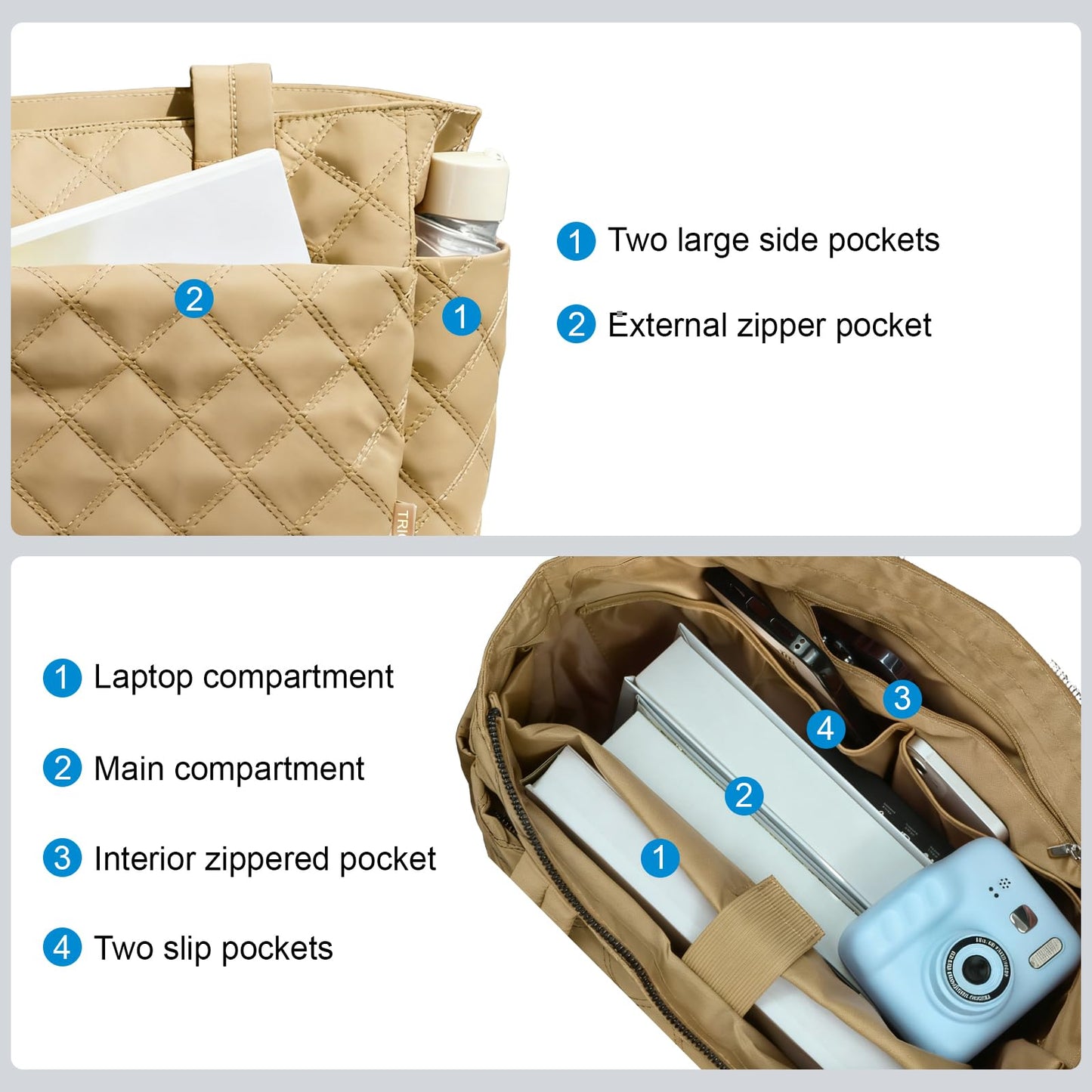 TRIOBASE Tote Bag for Women,Lightweight Quilted Handbag with Compartments,Puffer Shoulder Tote Bag with Zipper for Work,Travel,Gym
