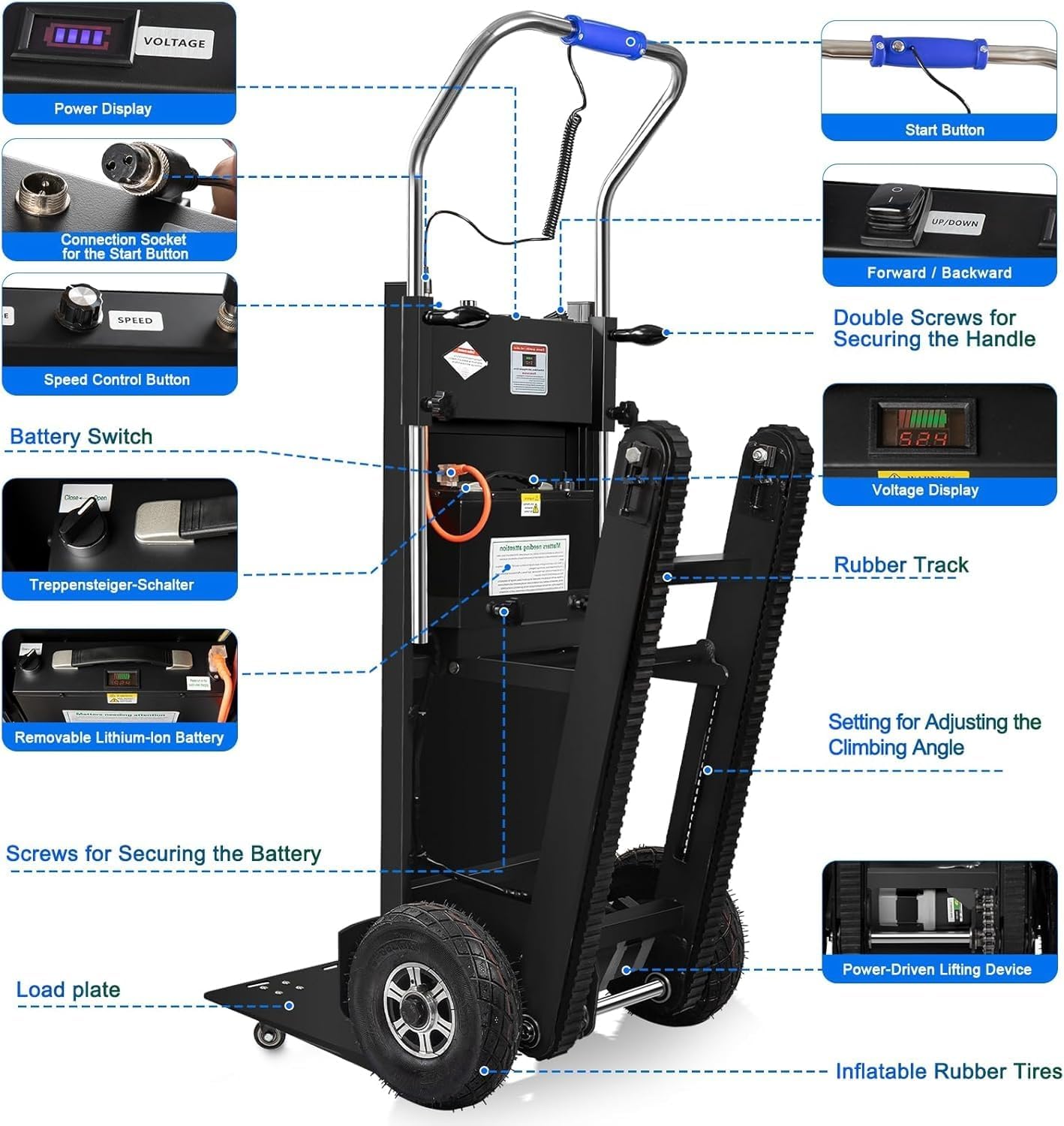 Electric Stair Climbing Dolly, Heavy Duty Stair Climber 900lbs Capacity 1250W Motorized Hand Truck with Ropes & Foldable Design for Moving Furniture