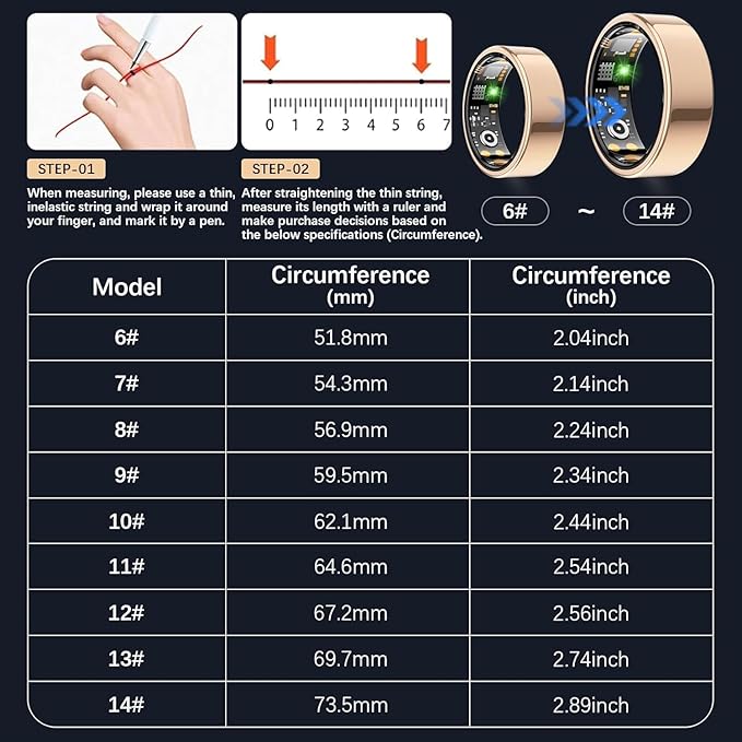 Ring Health Tracker for Women Men, Fit Ring with Heart Rate, Blood Oxygen, Sleep Monitor, Calories, Step Counter, IP68 Waterproof Smart Ring for iPhone & Android, No Subscription Fee (Rose Gold, 14#)