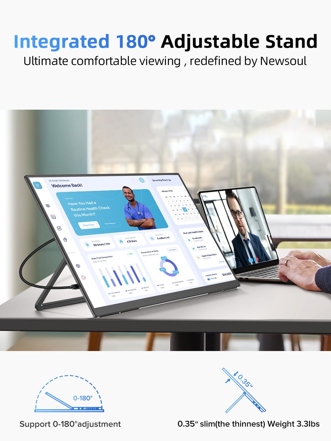 21.5'' Large Portable Monitor for Laptop 100Hz Ultra-Fast IPS Gaming Monitor, QLED 125%sRGB | 2000:1 Contrast | Built-in Stand, Speaker and VESA, USB-C HDMI Second Screen Efficient Work Gaming