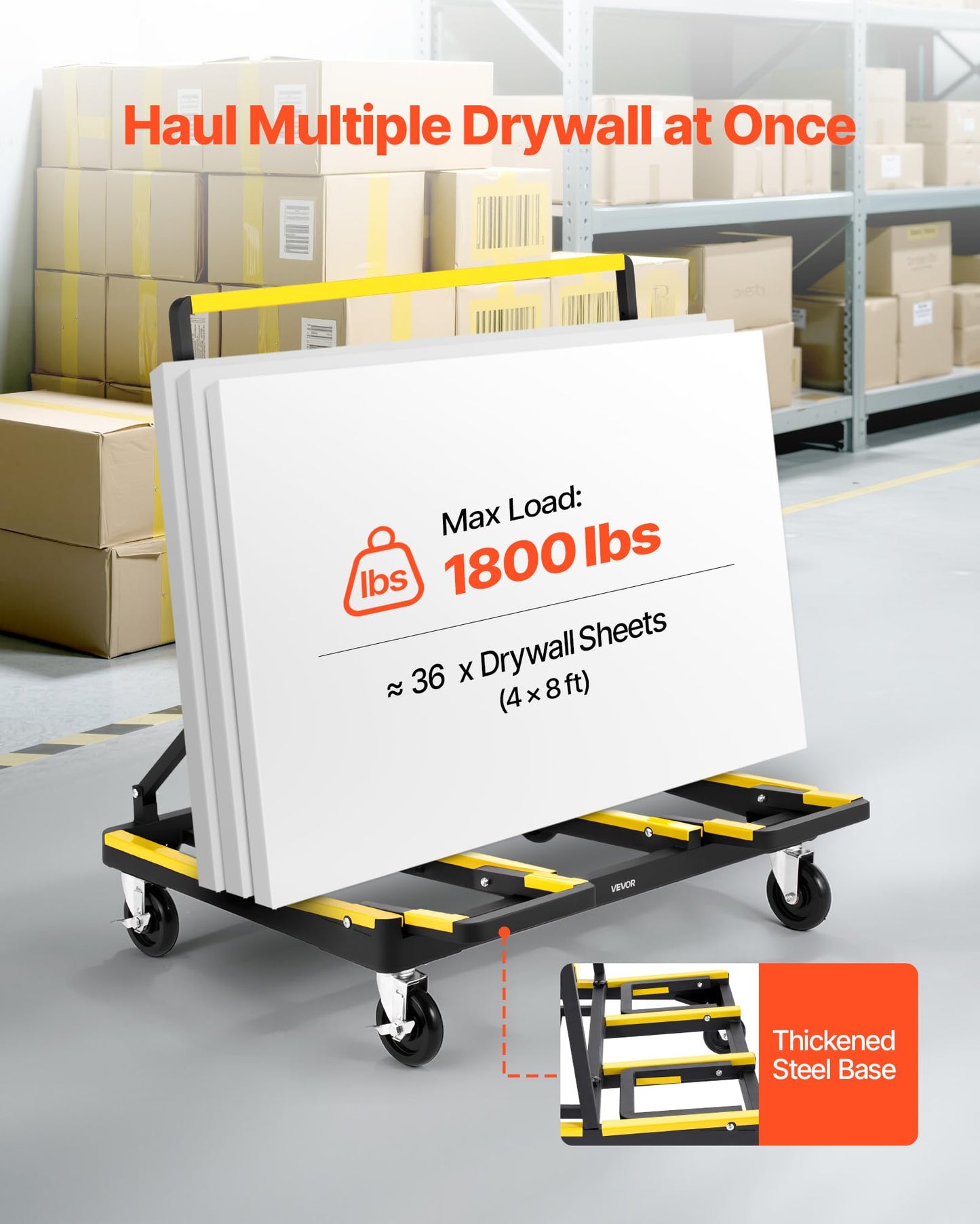 VEVOR Drywall Cart Dolly, 1800 lbs Load Capacity, Steel Panel Dolly with 4 Swivel Casters & Expandable Deck, Foldable Panel Truck Cart with Tie-Down Strap for Handling Plywood, Plasterboard, Glass