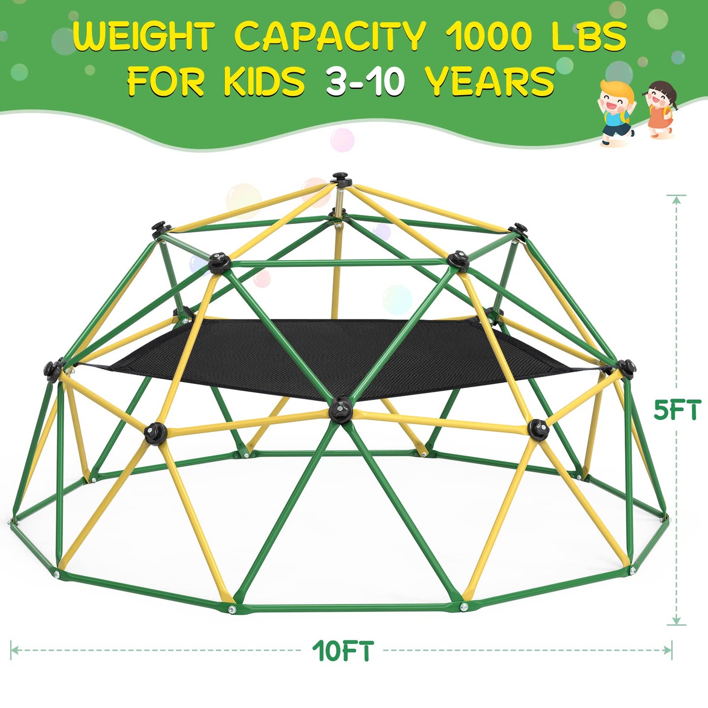 GIKPAL Climbing Dome, 10FT Dome Climber with Hammock for Kids 3 to 10 Outdoor Play Equipment, Supports up to 1000lbs Jungle Gym, Anti-Rust, Easy Assembly, Yellow+Green