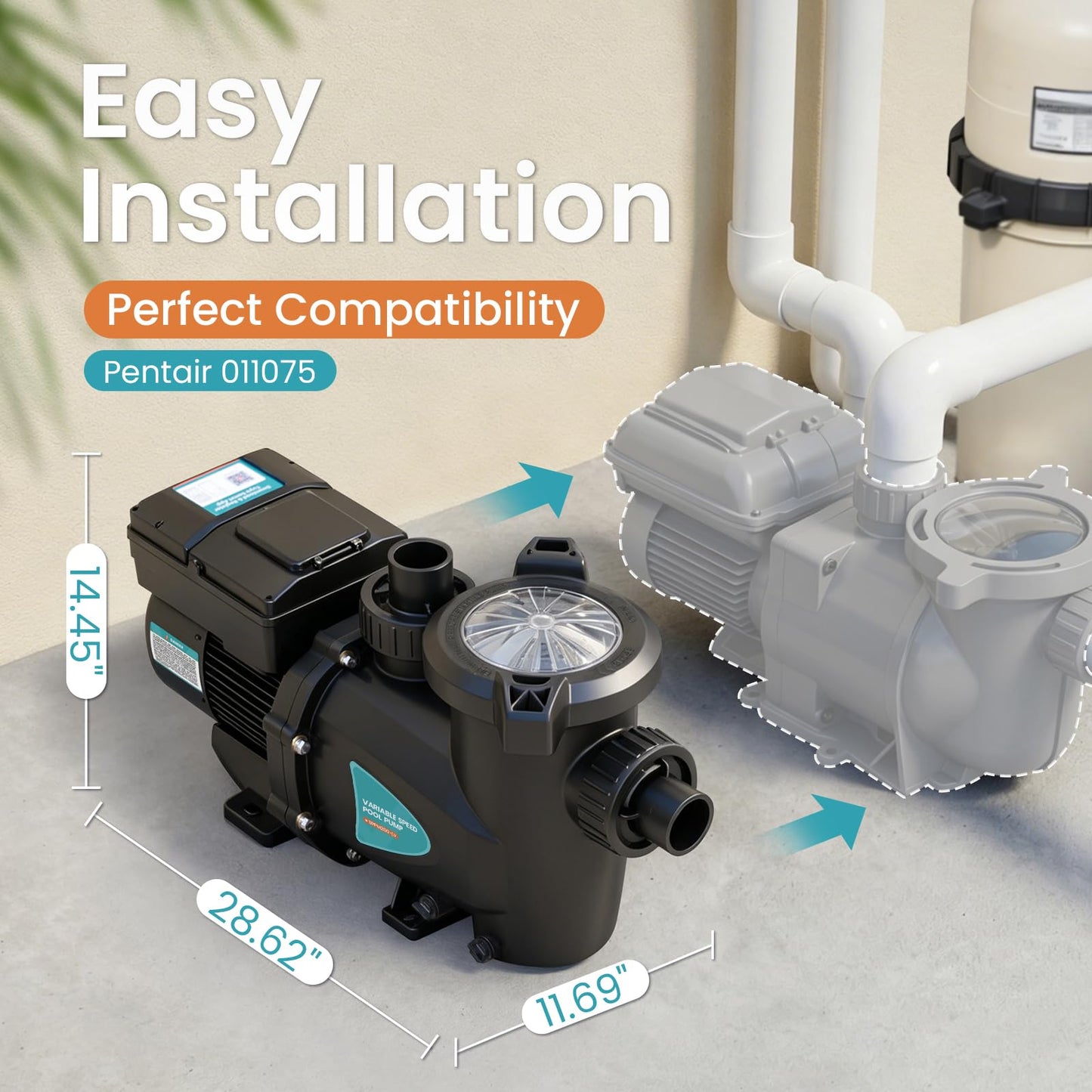 Vidapool Variable Speed Pool Pump, In/Above Pool Pump with Filter Basket, 2 HP, 115V, 10140GPH