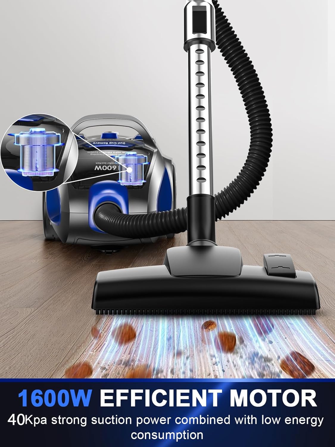 Skiennix Canister Vacuum Cleaner - 40Kpa 1600W Cyclone Power, Lightweight & Bagless | 3.7QT Dust Cup, Blue