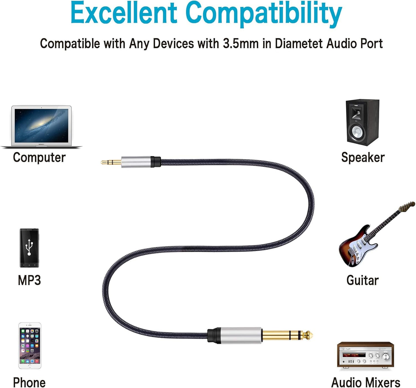 Jelly Tang 3.5 mm 6.35 mm 20Ft, 3.5mm 1/8" 6.35mm 1/4" Cellphone,Amplifiers(20Ft/6M) to Audio Cable Gold-Plated