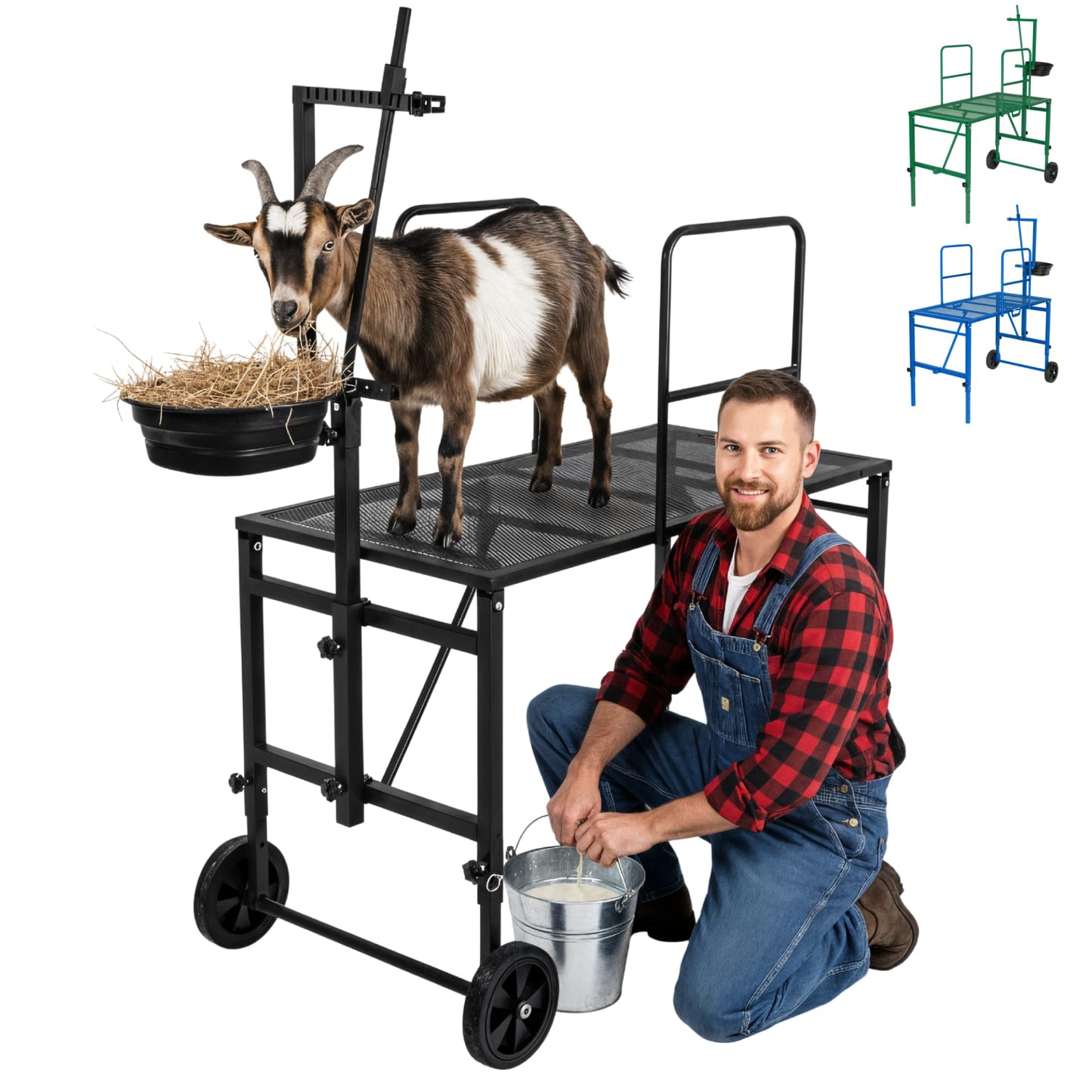 Goatzy Goat Stand with Adjustable Headpiece & Legs, Goat Milking Stand with Feeder, Rails & Wheels, Stanchion for Grooming & Hoof Trimming, Sheep Stand for Shearing Heavy-Duty Steel Platform, Black