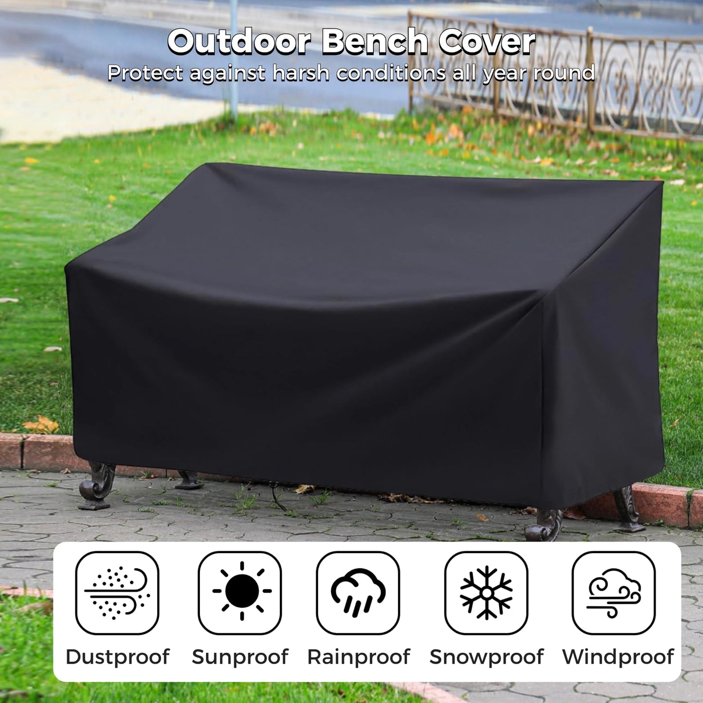 Outdoor Bench Cover, 2 Seater Patio Bench Cover, Waterproof Heavy Duty Furniture Cover with Air Vents, Buckles and Drawcord, All Weather UV Dust Protection for Porch Deck Garden, 53 x 26 x 35 in