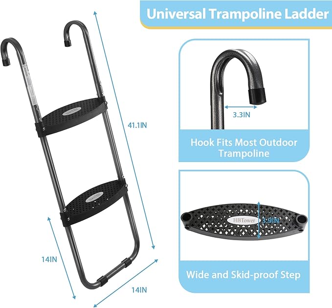 HBTower Trampoline Ladder, 2 Steps with Wide Steps, Trampoline Storage Bag, Universal Hook, 220 lbs Capacity Trampoline Accessories for Children Kids, Black