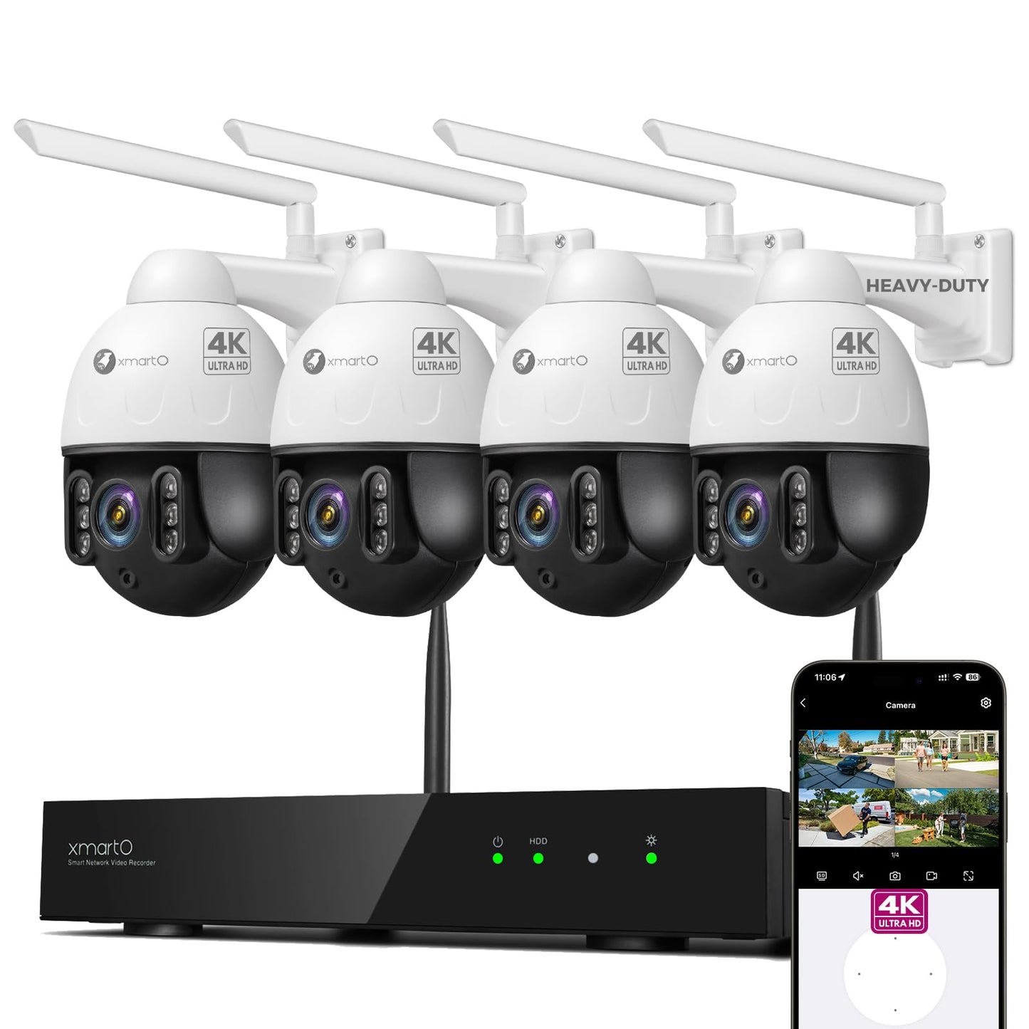 xmartO 4K 8MP Heavy-Duty WiFi 6 Security Camera System Bundle, 10-Channel NVR & 4 Plug-in PTZ Cameras, 24/7 AI Tracking Surveillance, Vandal-Proof Metal Dome CAM, Long Range WiFi6, 0 Monthly Fee