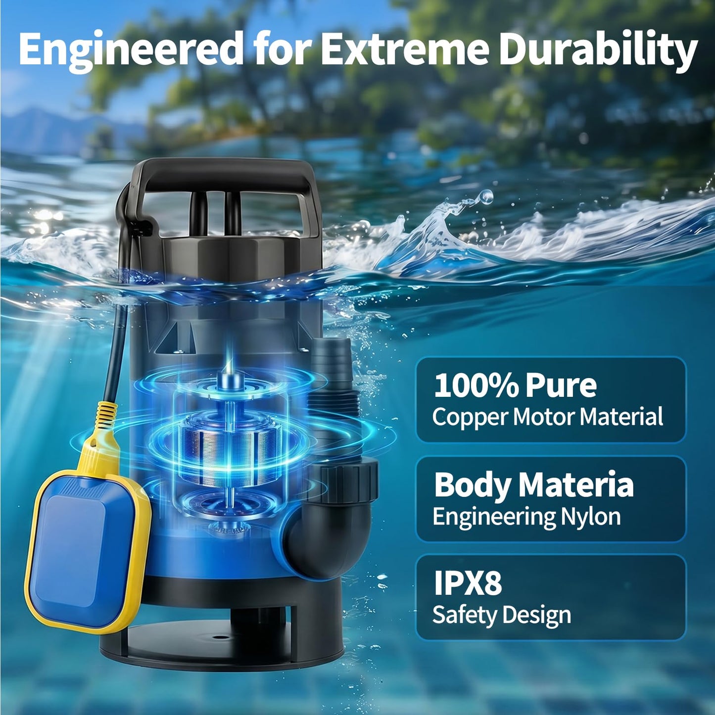 Poofata 1.1HP Submersible Sump Pump, 4600 GPH Electric Water Pump with Automatic Float Switch, Portable Utility Pump for Pool Draining, Basement, Outdoor Ponds, 16 FT Cord