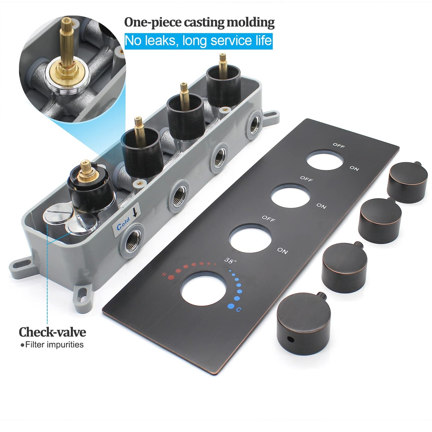 Modern Thermostatic 4 Handles Shower Diverter Valve, Concealed Brass 3 Outlets Mixer Mixing Shower Valve Rough-in Faucet Valve Kit Can Control Flow, Oil-Rubbed Bronze Finish