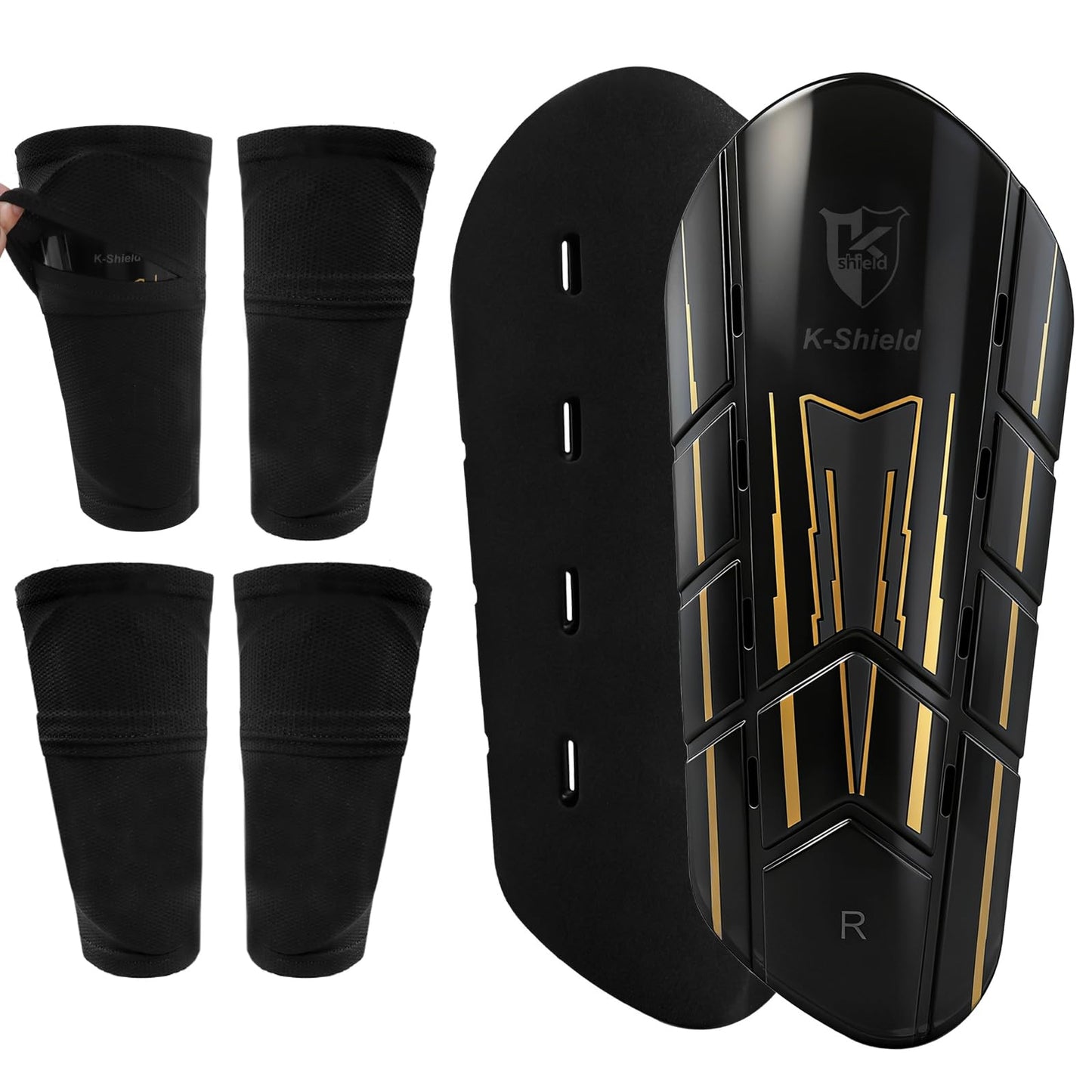 K-Shield Soccer Shin Guards for Kids Youth Adults, Protective Football Shin Pads 2 Sock Sleeves, Breathable Vents Lightweight Calf Guards for Boys Girls Men Women (L:5'3"-5'11")