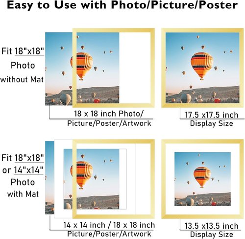 JCJMY 18x18 Gold Picture Frame - Display 14x14 Photos with Mat or 18x18 Without Mat | Shatter-Resistant Plexiglass