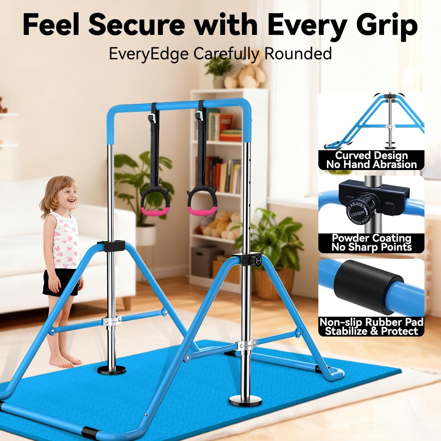 WATBKHE Gymnastics Bar for Kids Adjustable & Foldable Training Kip Bar with Rings, Sturdy Horizontal Bar for Boys & Girls, Expandable Gymnastics Equipment for Home Practice Blue