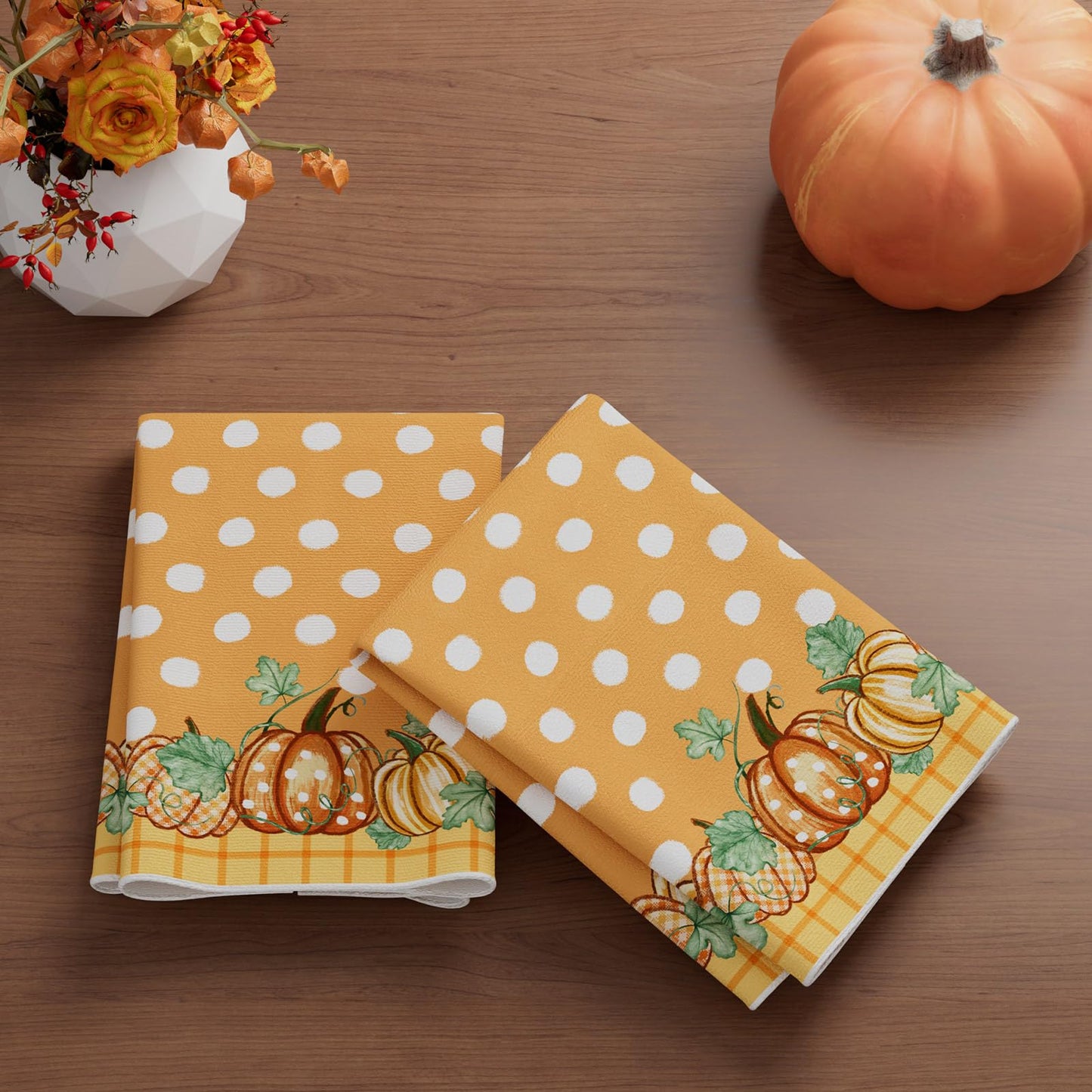 XCHI Fall Pumpkin Orange Plaid Dish Towels 18x26 Inch Hand Kitchen Towels Dishcloth Home Decorations Set of 2