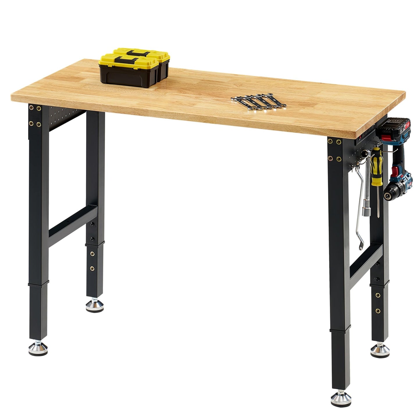 Albott 44x20 in Adjustable Workbench with Power Outlets, 2000 LBs Heavy Duty Wood Workbench with Hooks, Solid Rubber Wood Top for Garage, Workshop, Woodworking, Home Office