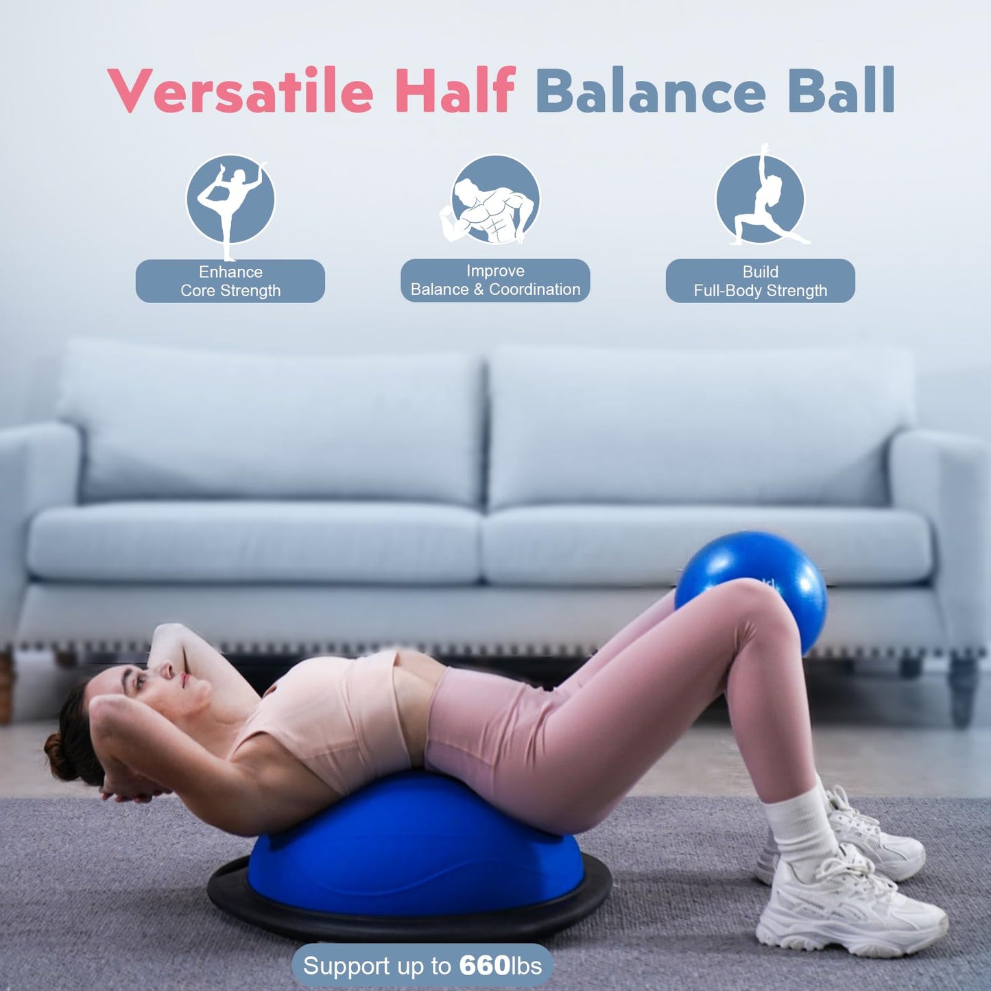 kisnbld Half Balance Ball Trainer, Inflatable 19/23 Inch Half Exercise Ball with Resistance Bands and Pilates Bal, Non-Slip 660lbs Capacity Yoga Ball for Home Gym Full Body Workouts