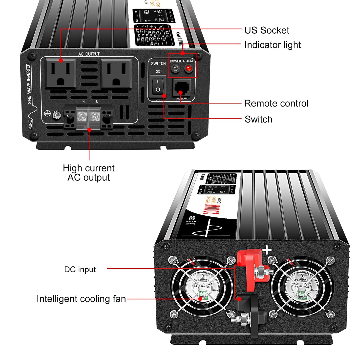Xijia 2000W Pure Sine Wave Inverter，12V to 120V AC Converter for Home，Solar Systems，Remote and Bluetooth Control for Truck，Camping，with 2 AC Socket，Surge Power 4000W