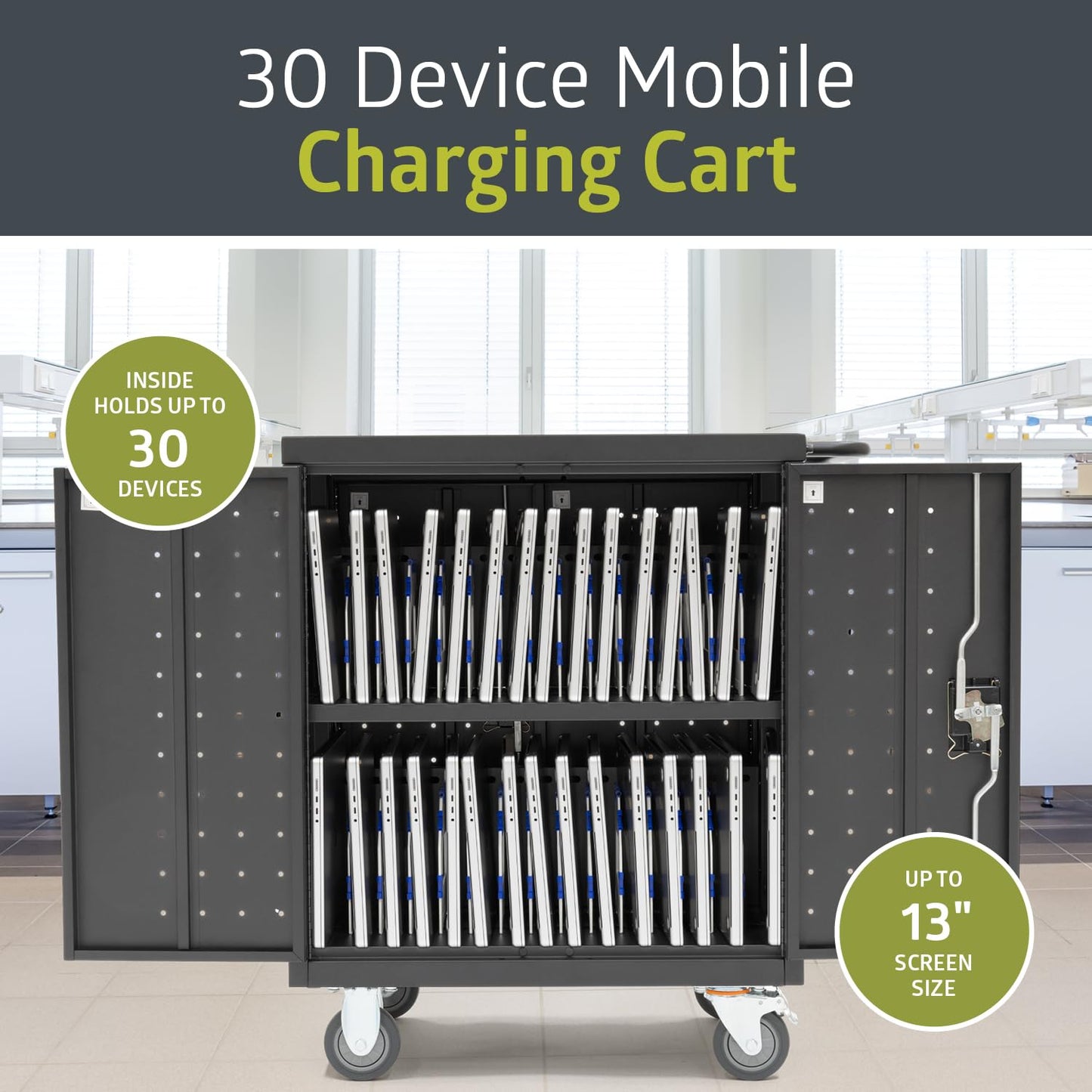 Pearington 30 Device Mobile Charging/Storage Cart for iPads, Tablets, Laptop, and Chromebook, Up to 13-inch Screen Size, Classroom Locking Charging Station