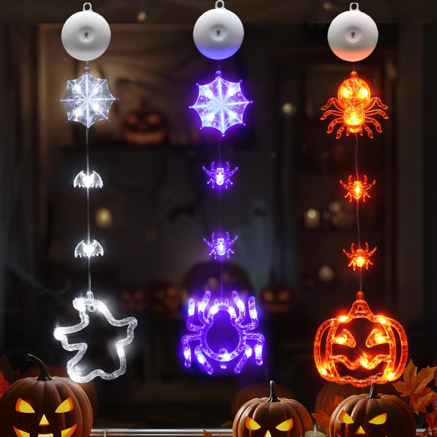 suddus Halloween Window Lights - 3 Pack Battery Operated with Timer - Orange Pumpkin, Purple Spider & White Ghost Decorations