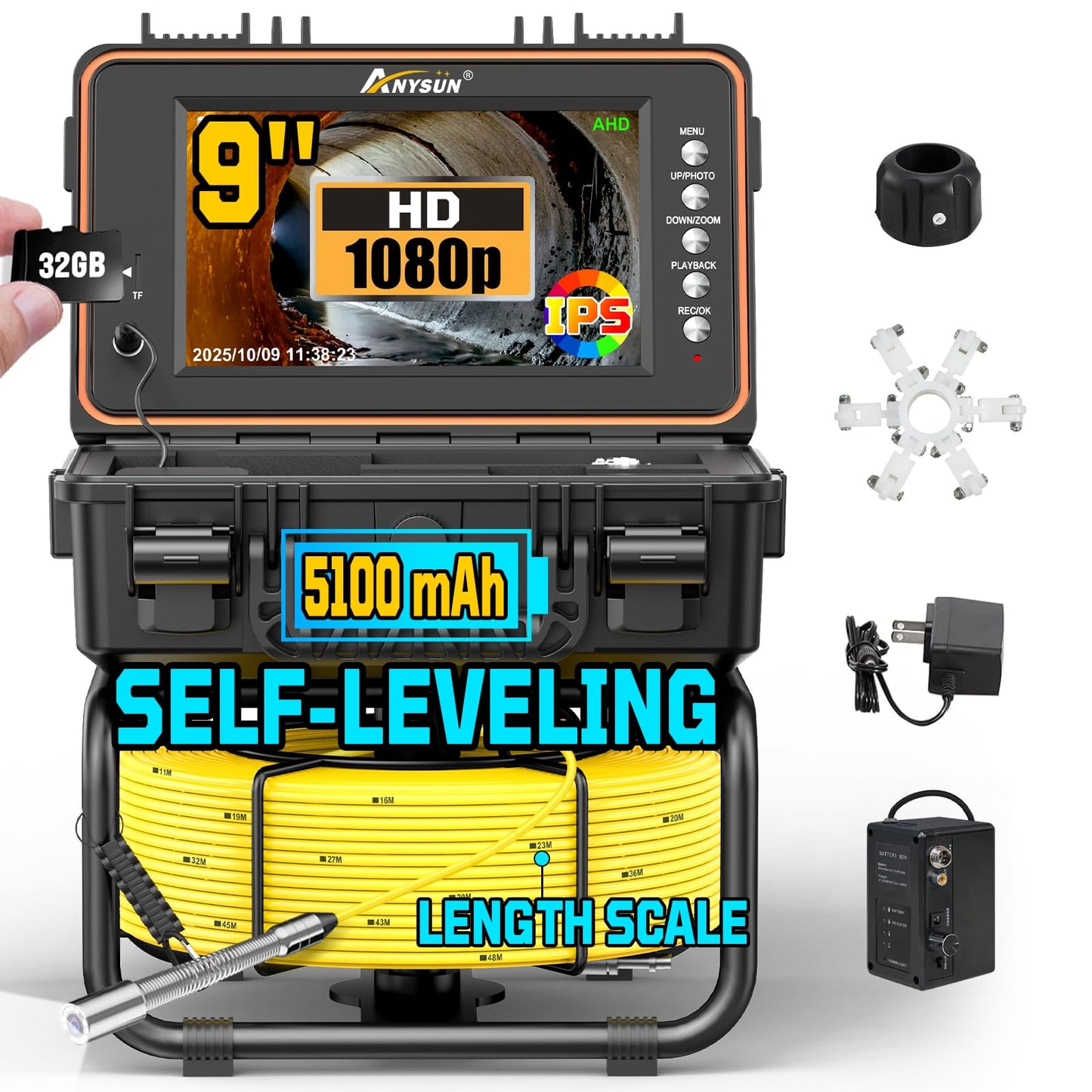 Anysun 9'' Sewer Camera Self Leveling, Length Marker, 5100mAh, IPS Screen, HD 1080P with DVR - 32GB, IP68 Sewer Pipe Cam, Sewer Scope Pipe Drain Plumbing Inspection Cameras Borescope Snake (100Ft/30M)