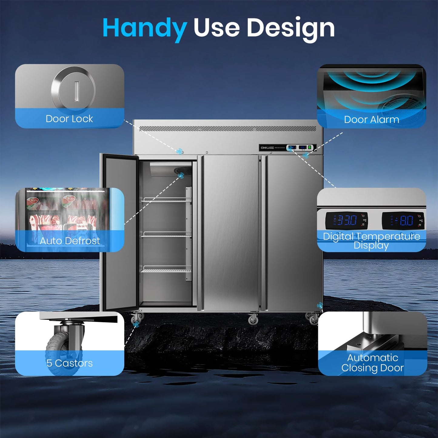 Coolake Commercial Freezer Refrigerator Combo, 72” W 54 Cu.ft Upright Freezer, 3 Door Stainless Steel, Air-Cooled System Reach in Freezer for Restaurant, Bar, Kitchen, Garage, School, Church