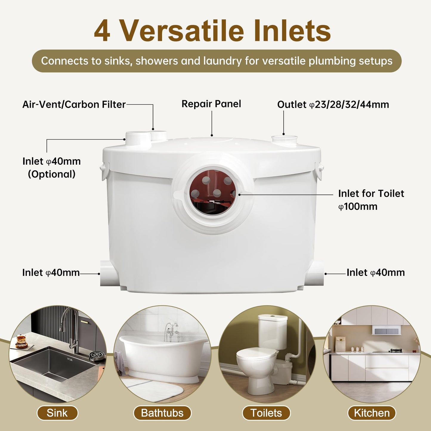 SUPERFLO 750W Macerating Toilet System - Powerful & Quiet, Upflush Toilet for Basement with 4 Water Inlet for Basements & Garage, Macerator Toilets Pump System - Easy Installation