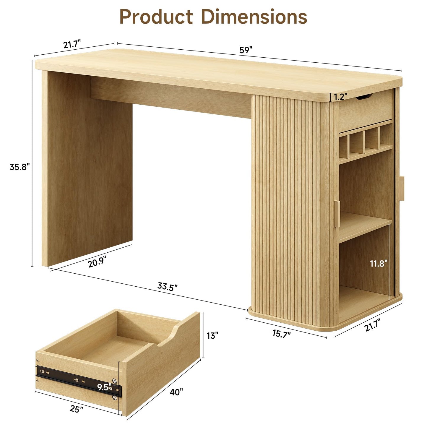 ONBRILL 59 Inch Kitchen Island with Storage, Fluted Counter Height Table, Mid-Century Modern Kitchen Island Table with Sliding Door, Home Bar Tables with Wine Rack and Drawers (Oak)