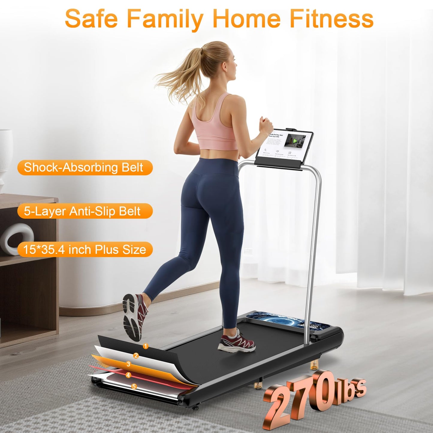 Walking Treadmill Pad with Incline Handle Bar, Silent Fitness Equipment, Treadmill with 4-in-1 Modes, Easy Assembly, Portable Home Gym Equipment