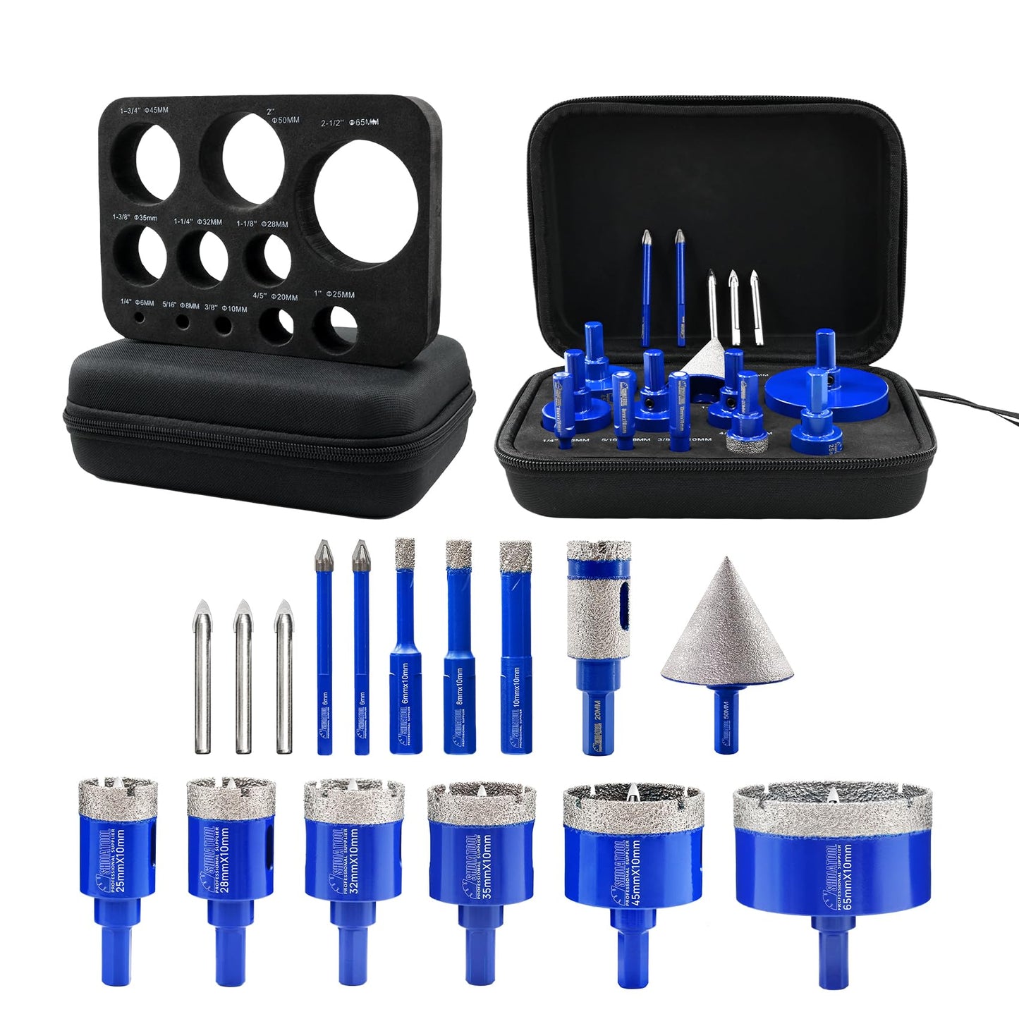 SHDIATOOL Tile Diamond Drill Bits Kit, Porcelain Hole Saw Sets, Ceramic Core Bits Cutter Drilling for Stone Marble Granite 16pcs(6/8/10/25/28/32/35/45/65MM/20MM/2/6/6MM)