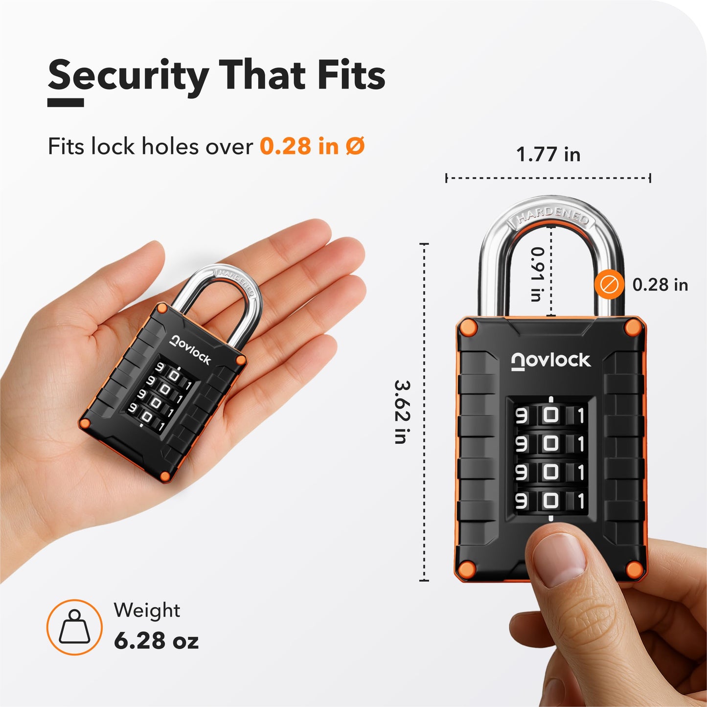 NOVLOCK Locker Lock for Gym, School, Home & Work | 4-Digit Combination Padlock | 1-Pack, Black/Orange