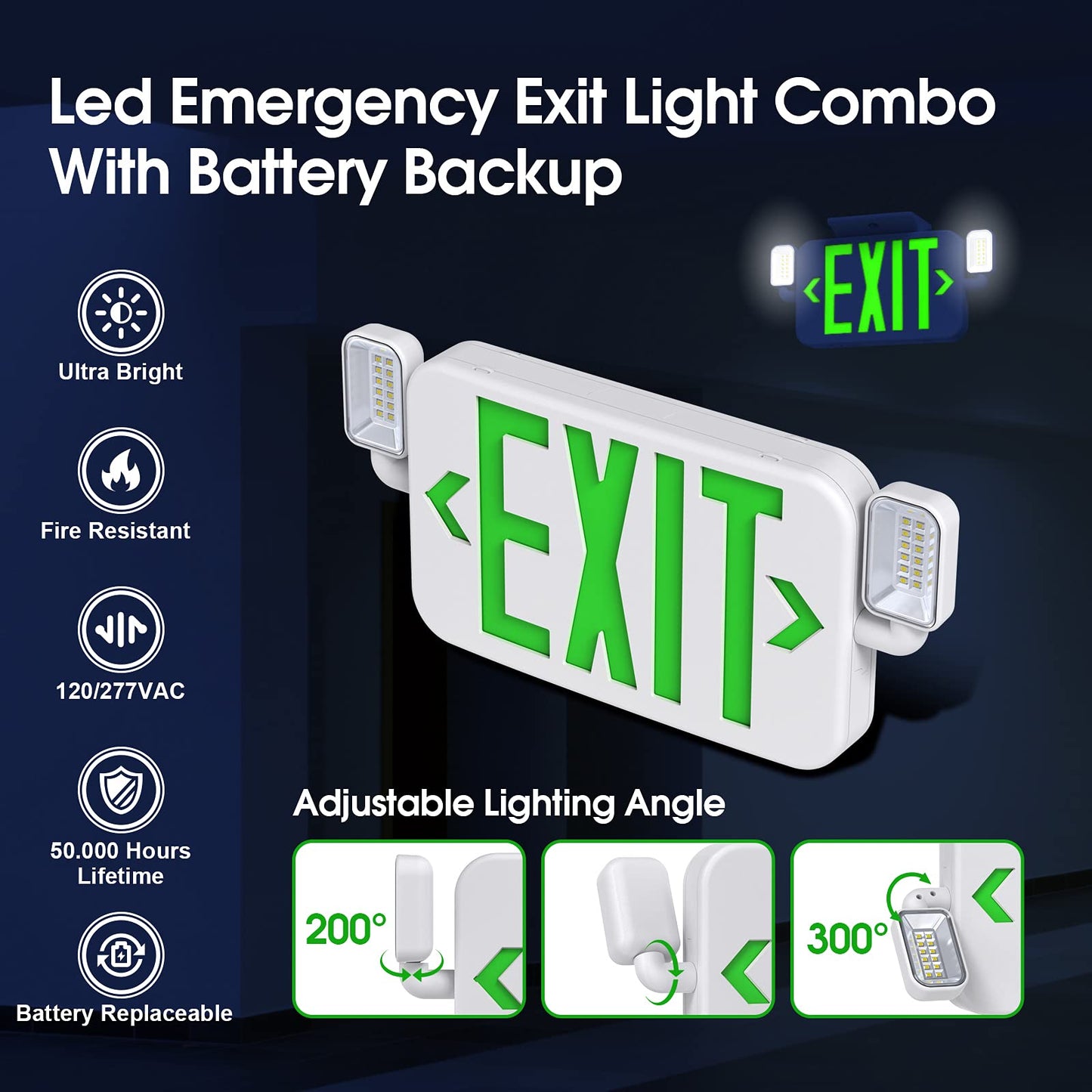 SITISFI Led Combo Emergency Exit Sign Light with Two Adjustable Head Lights and Backup Battery,US Standard Green Letter Commercial Emergency Exit Lighting,UL 924,120/277V (2Pack)