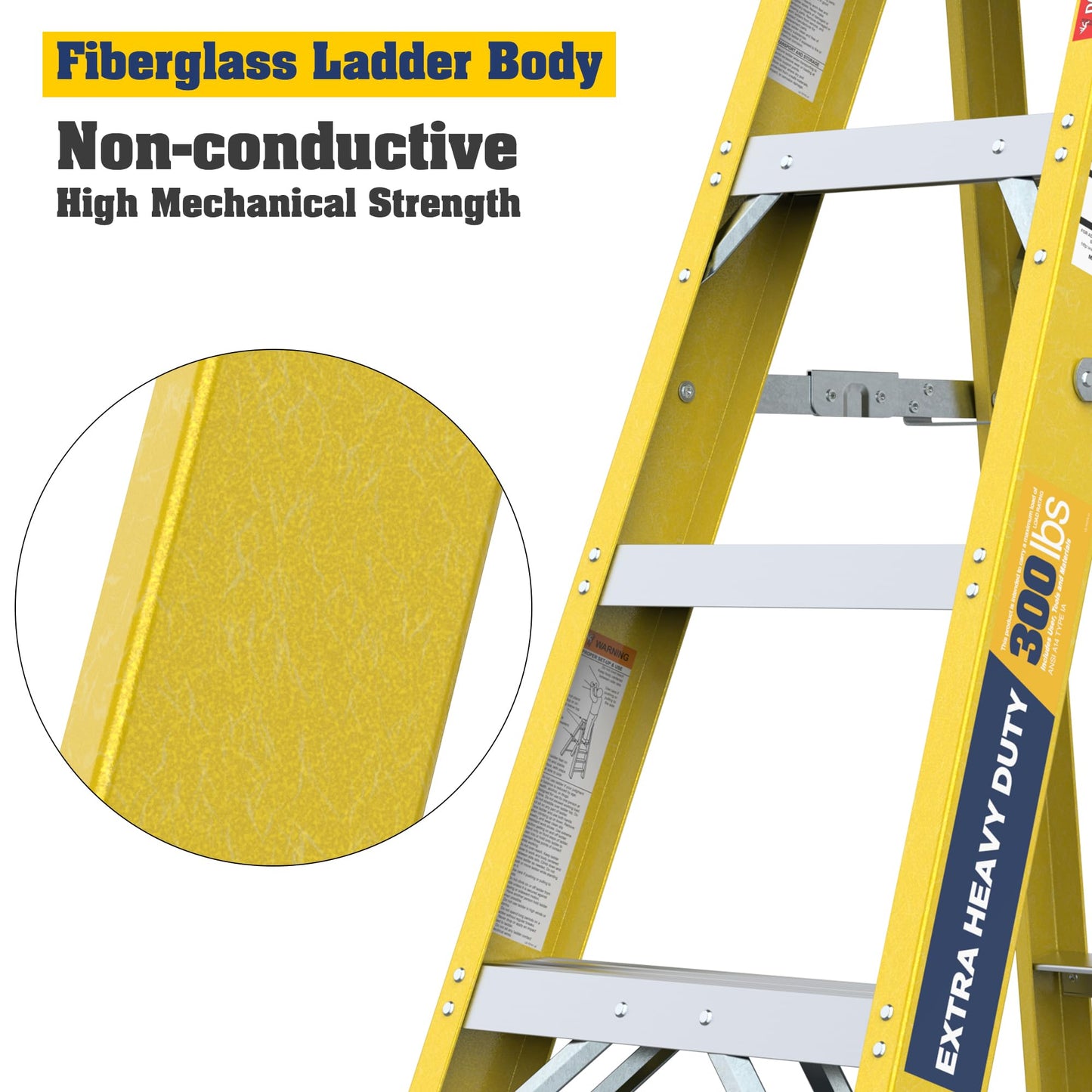 4-Step Fiberglass Step Ladder, 300 lbs Load Capacity, Non-Conductive A-Frame Ladder with Tool Tray, Foldable Single-Sided Stepladder for Home, Garage, Office and Shop