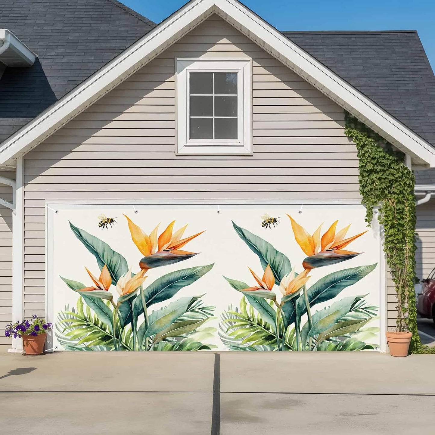 Jimehezon 8x6.9ft Summer Grommets Bird of Paradise Garage Door Banner Tropical Plant Bee Flower Botanical Garage Door